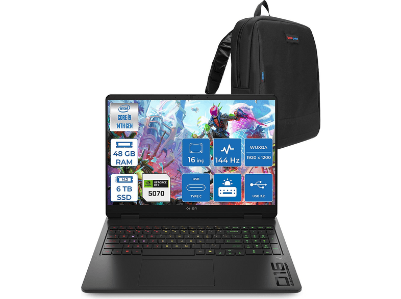 HP Omen DDR5 8 GB/RTX5070 C39J4EAF29 Intel Core i9-14900HX 48 GB RAM 6 TB SSD 16 inç FreeDOS Laptop+Çanta Gölge Siyahı