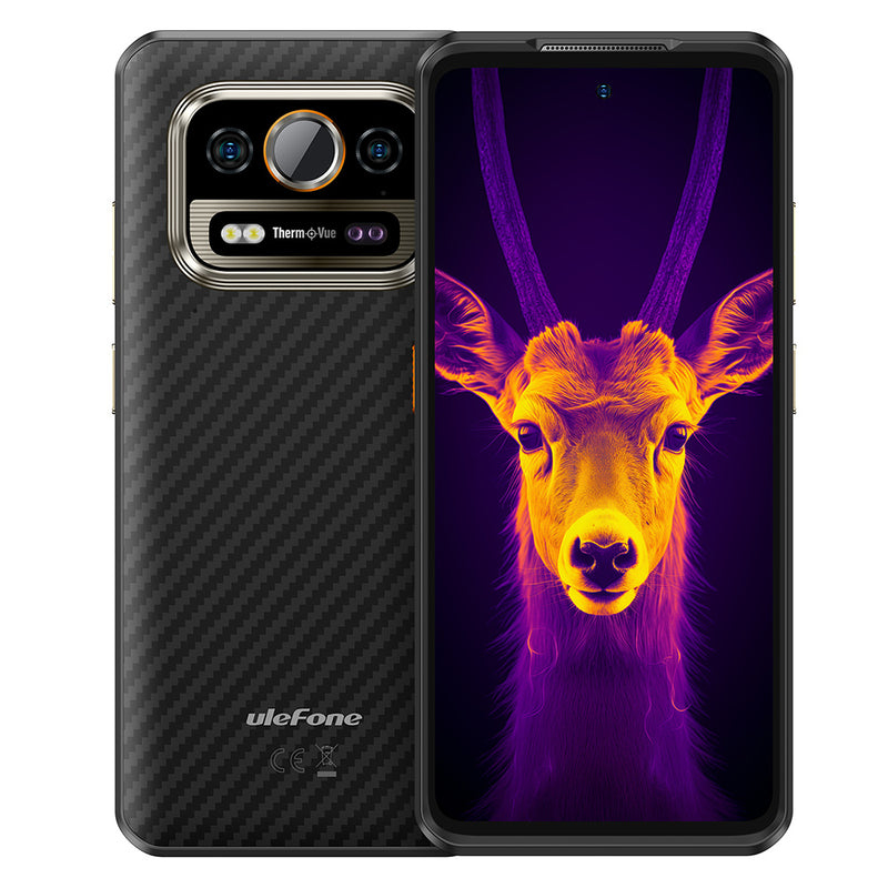 Smartphone con trasera de fibra de carbono, módulo de cámara y pantalla frontal con un ciervo térmico.