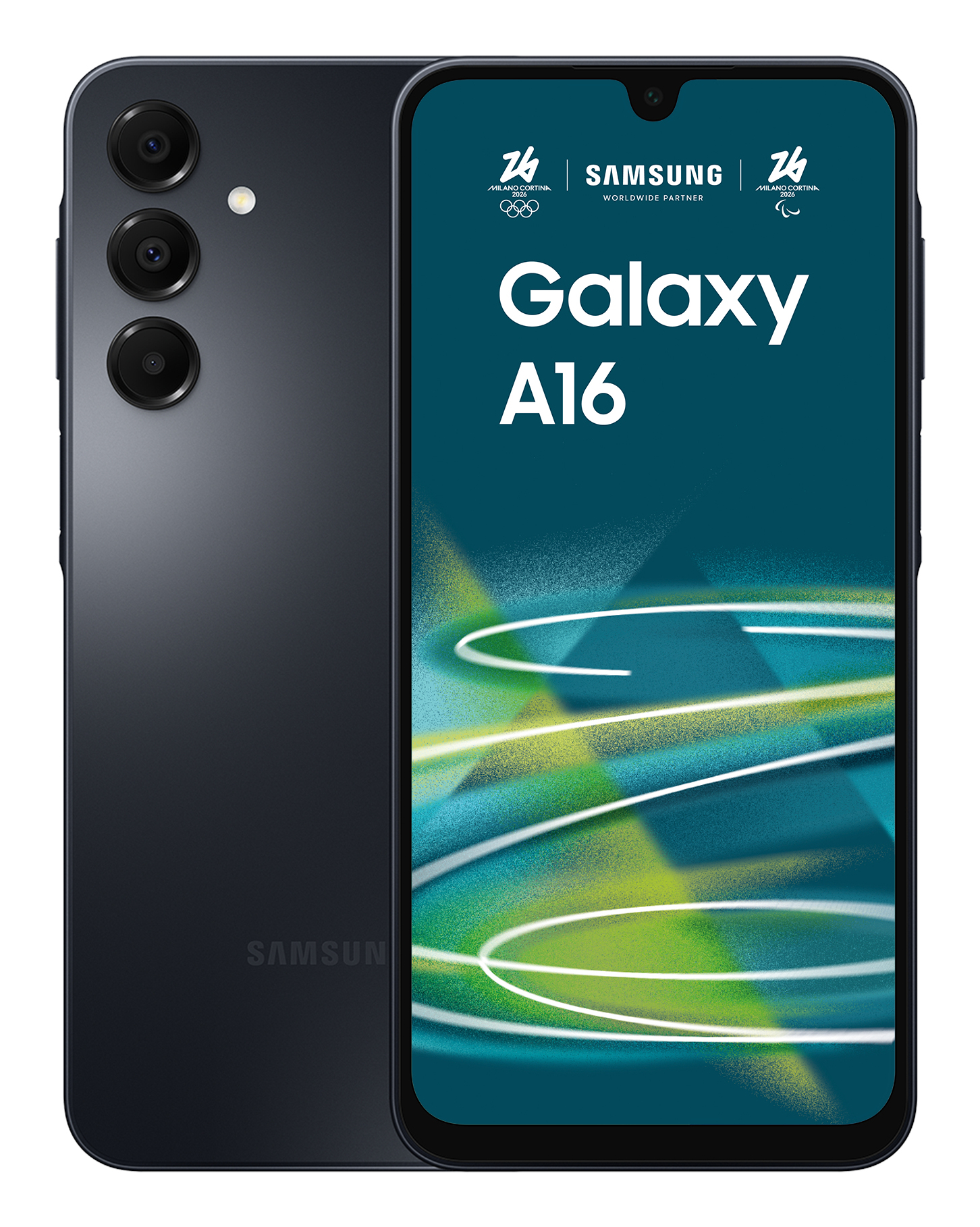 Front- und Rückansicht eines schwarzen Samsung Galaxy A16 Smartphones auf weißem Hintergrund.