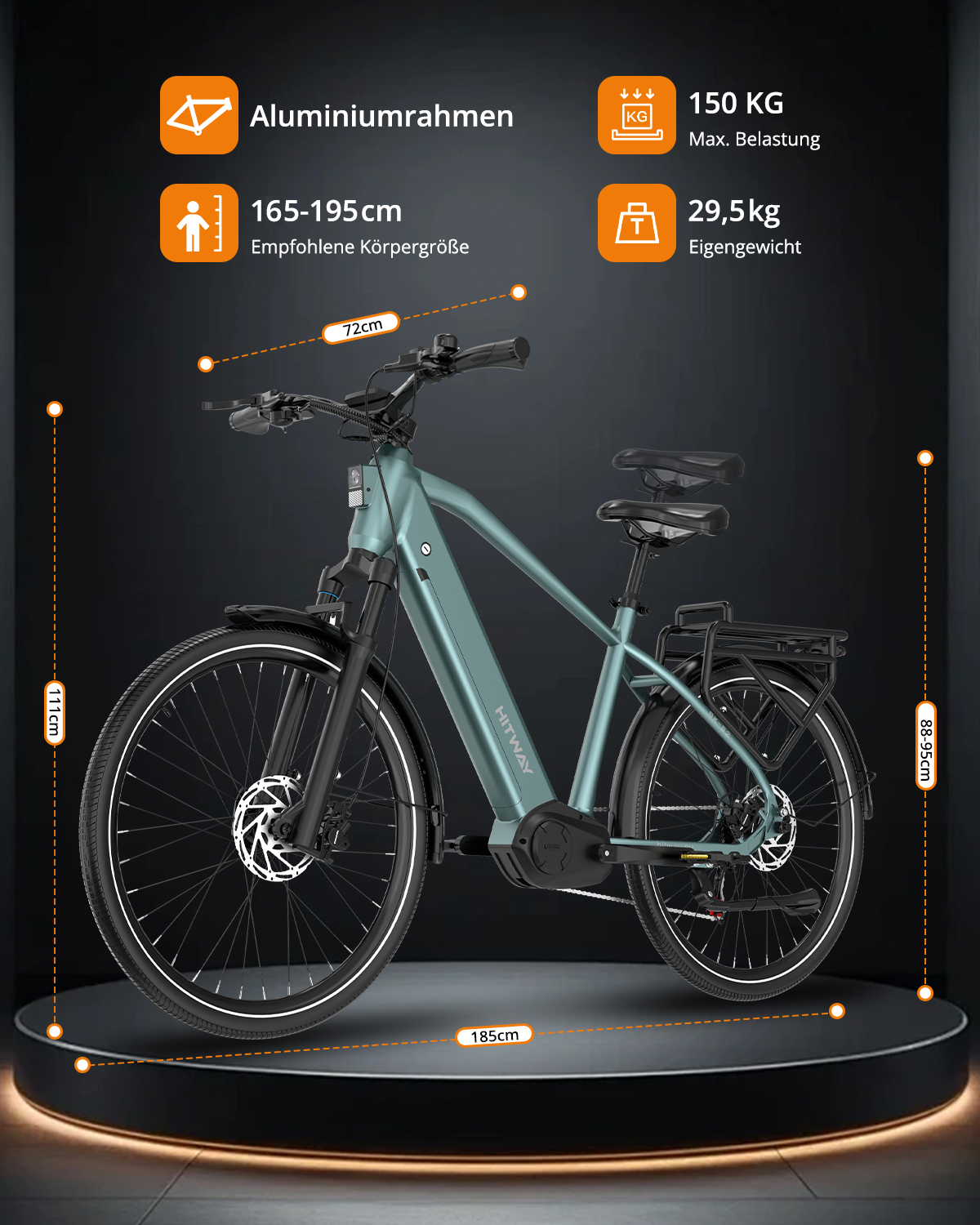 Ein blaugrünes E-Bike auf einem Podest mit technischen Spezifikationen und Maßangaben.