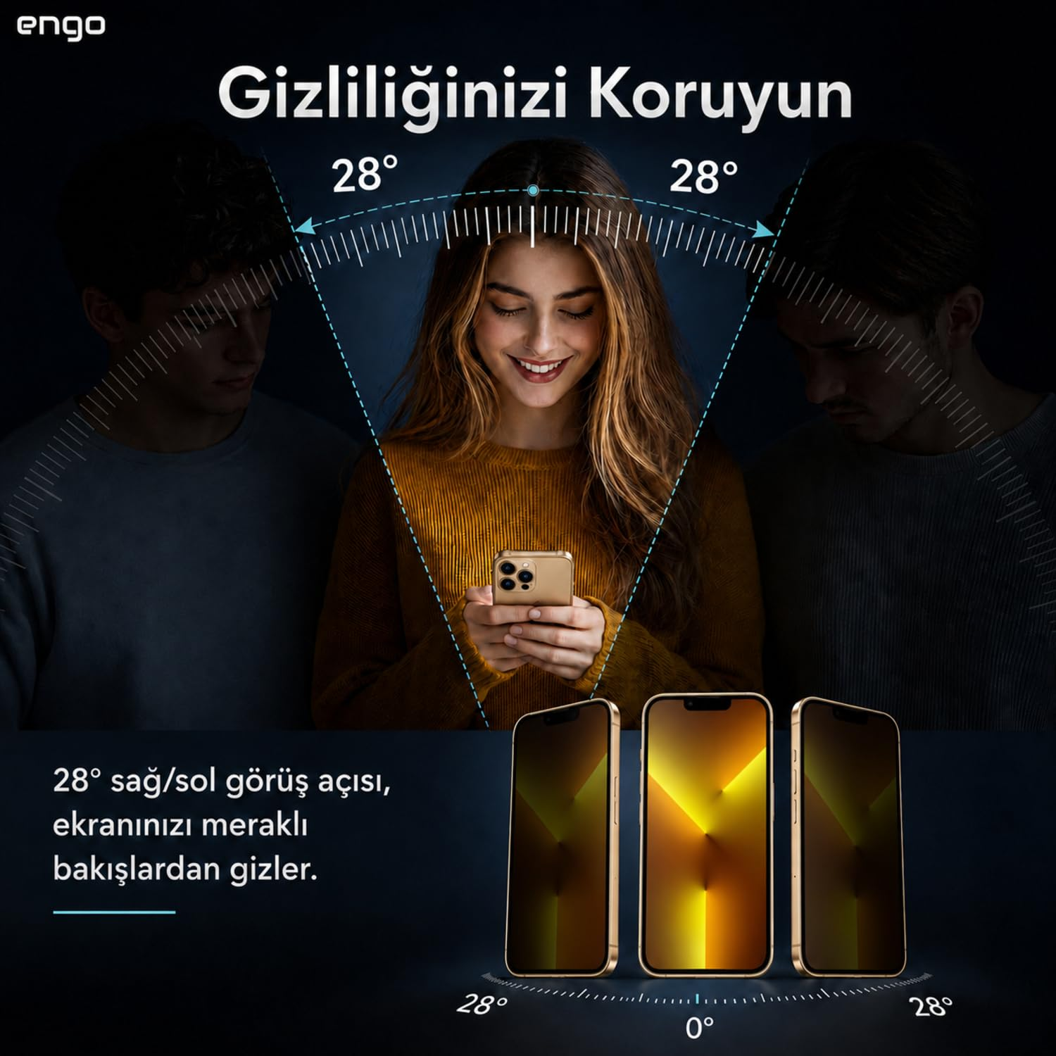 28 derece gizlilik ekranı filtresine sahip telefon kullanan bir kadın, yan bakışları engeller.