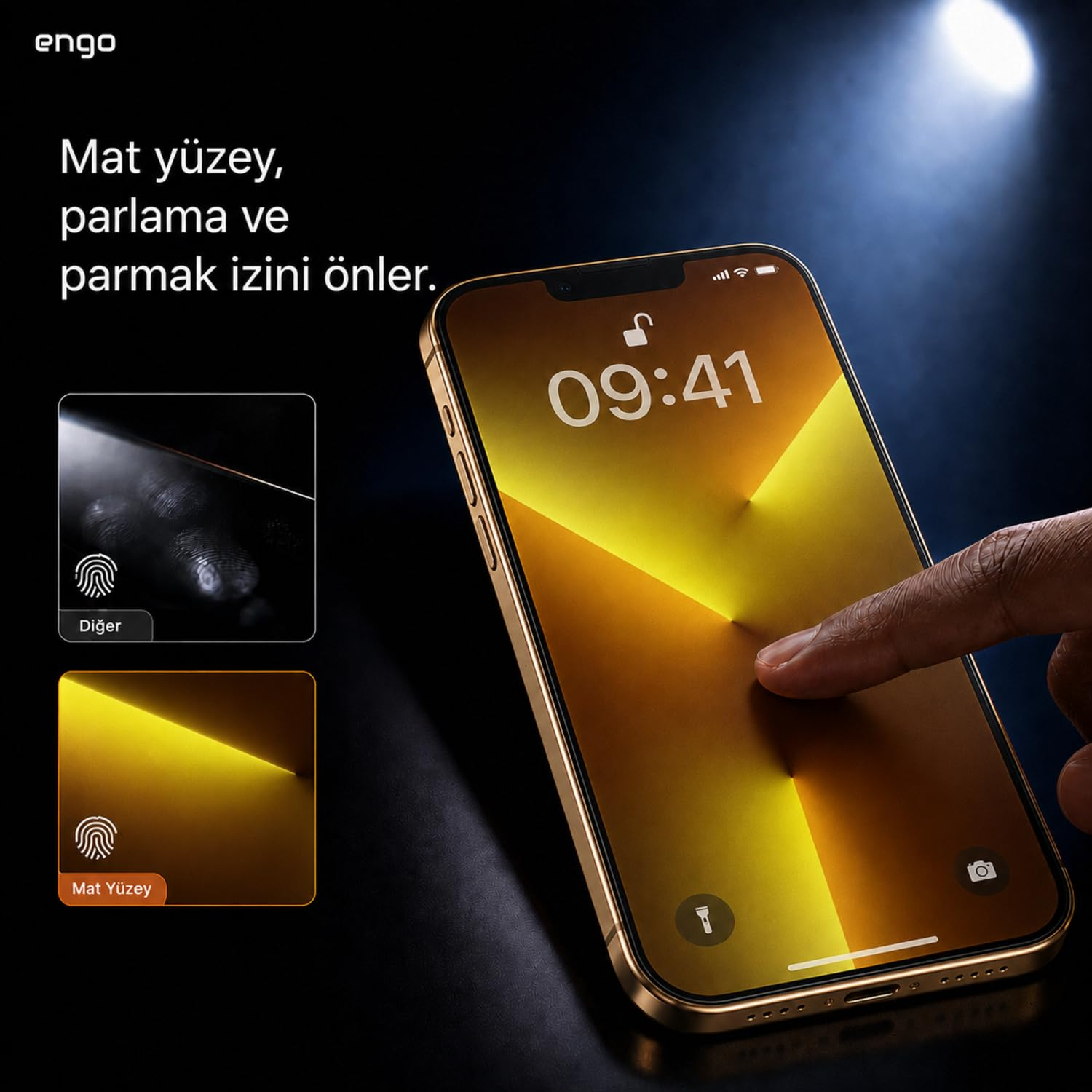 Altın rengi bir akıllı telefon dokunulurken, iki küçük pencere mat yüzeyin parmak izi önleme özelliğini gösterir.