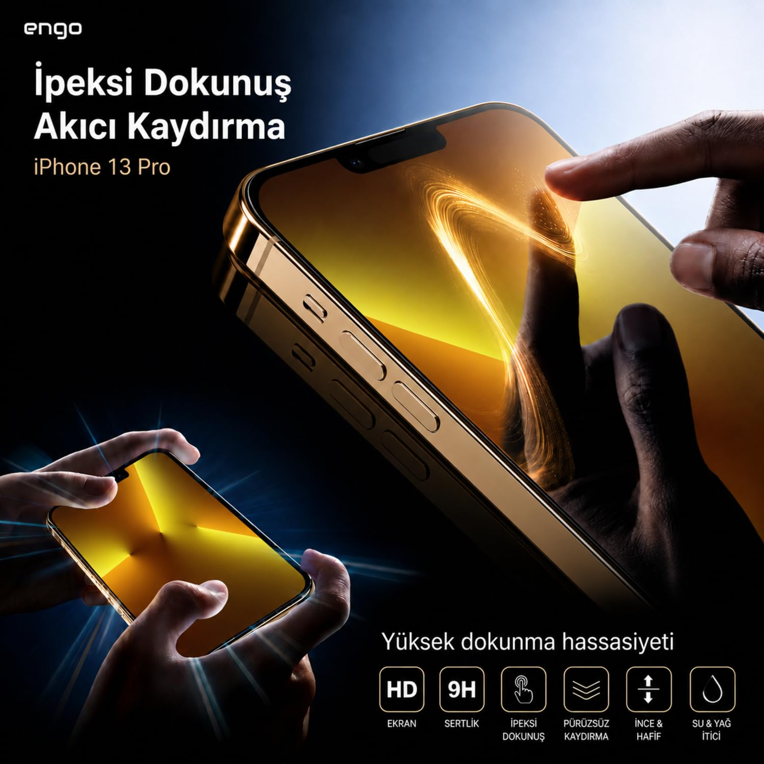 Altın rengi bir iPhone 13 Pro tutulurken bir parmak pürüzsüz ekrana dokunuyor.