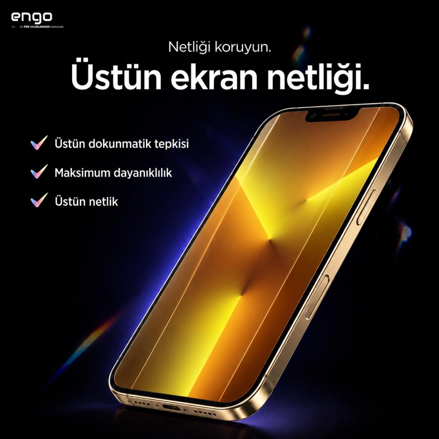 Siyah arka plan üzerinde metin ve altın rengi ekrana sahip akıllı telefon.