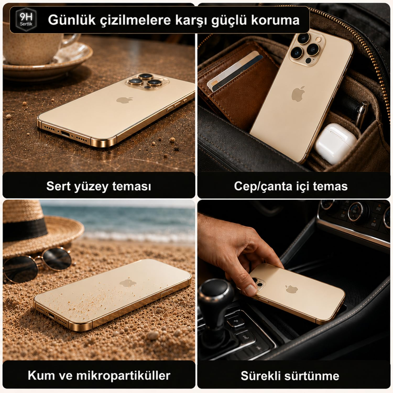 Dört görsel, günlük kullanımda altın renkli bir akıllı telefonu gösteriyor: yüzeyler, çantalar, kum ve araba.