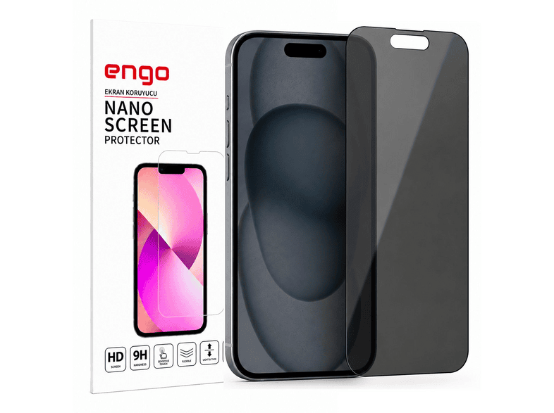 ENGO Apple iPhone 15 İle Uyumlu Hayalet Yandan Görünmeyen 9H Kırılmaz Nano Cam Ekran Koruyucu