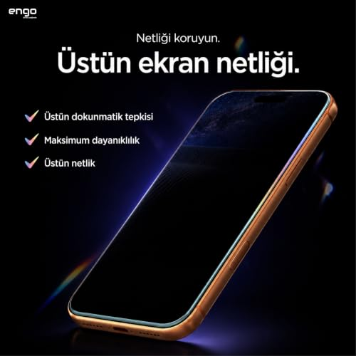 Siyah arka plan üzerinde çapraz duran akıllı telefon ve ekran netliğini öven Türkçe reklam metinleri.