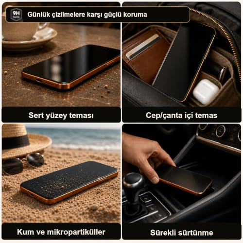 Dört görsel, sert yüzey, çanta, kum ve sürtünmeye karşı telefonun çizilme korumasını gösterir.