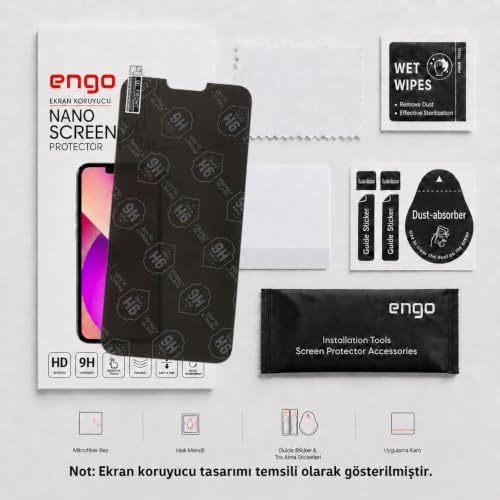 Beyaz zemin üzerinde cam, ıslak mendil, toz emici ve kurulum araçları içeren Engo nano ekran koruyucu seti.