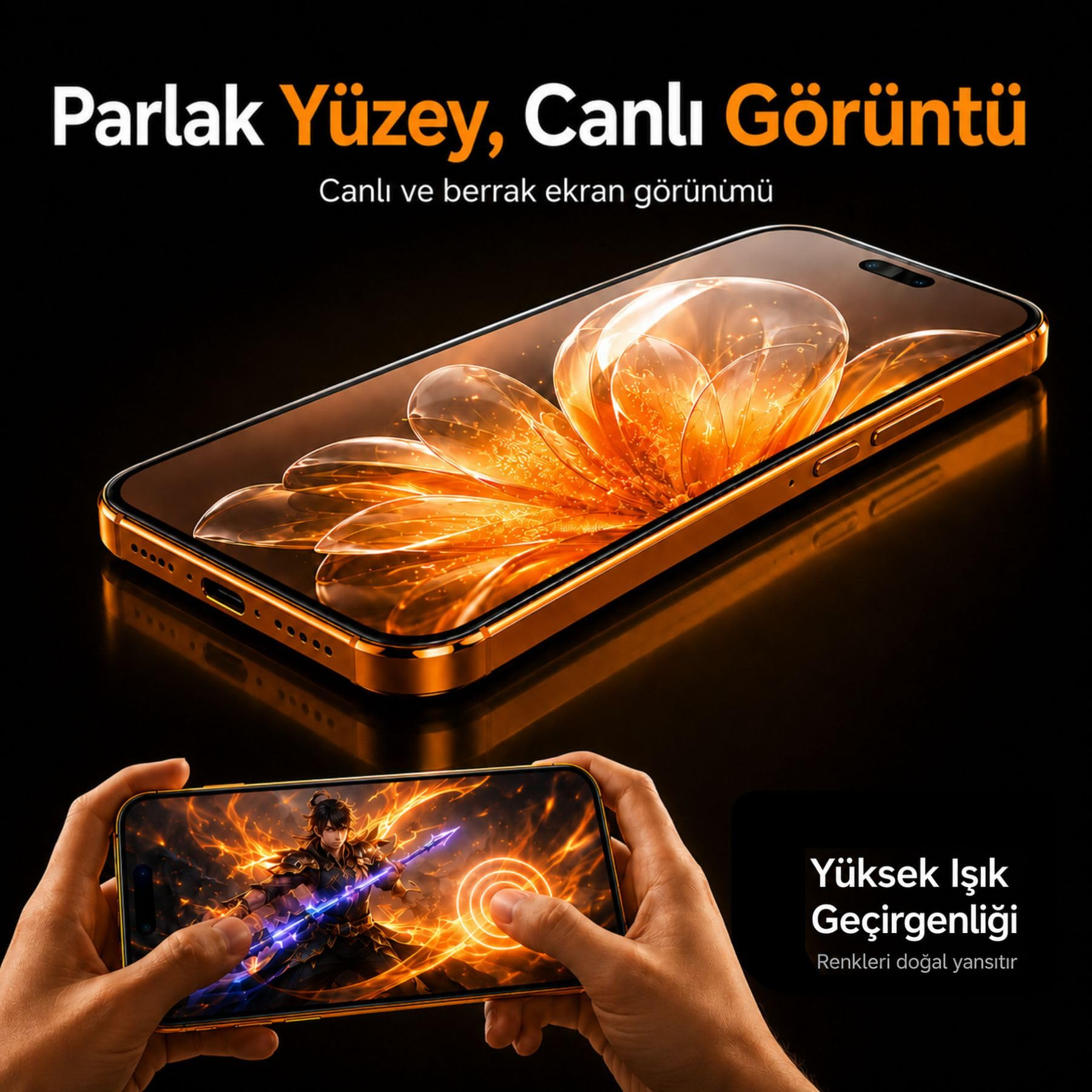 Siyah arka planda parlak ekranlı ve Türkçe yazılı altın renkli akıllı telefon.