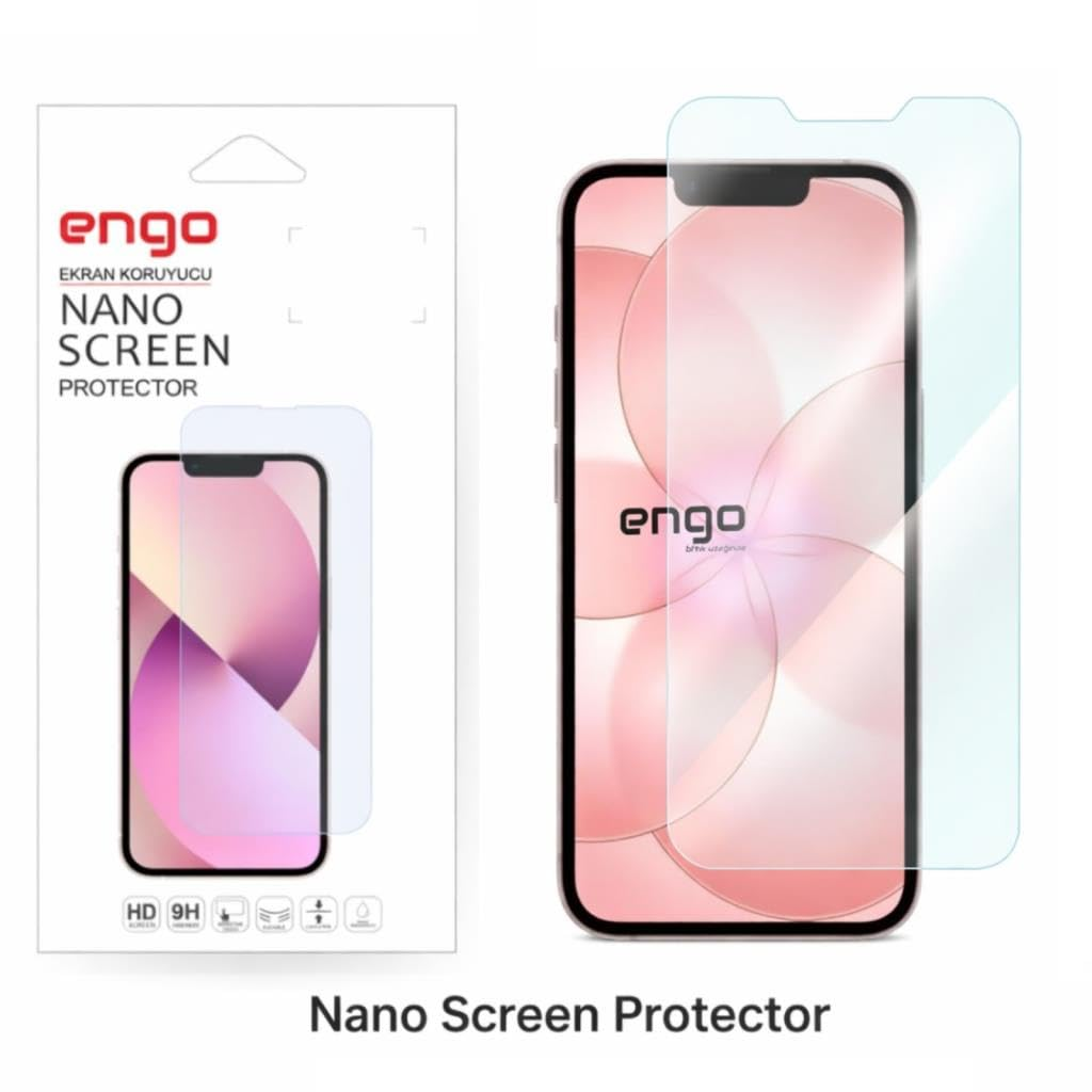 Koruyuculu akıllı telefonun yanında Engo Nano ekran koruyucu ambalajı.