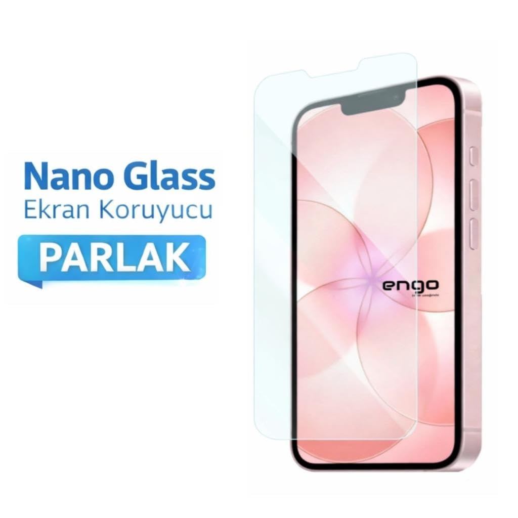 Beyaz arka plan üzerinde Nano Glass ekran koruyucu ve yazılı bir akıllı telefon.