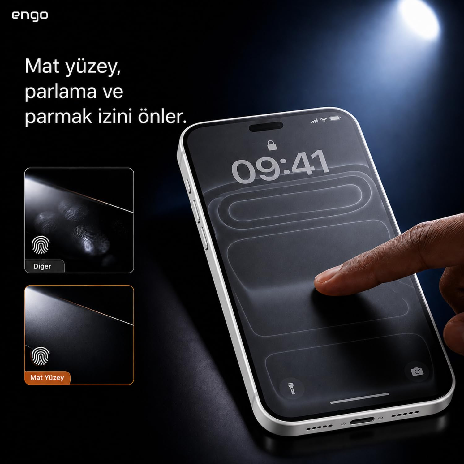 Mat ekran koruyuculu akıllı telefon parmak izi direncini ve karşılaştırma görsellerini gösteriyor.