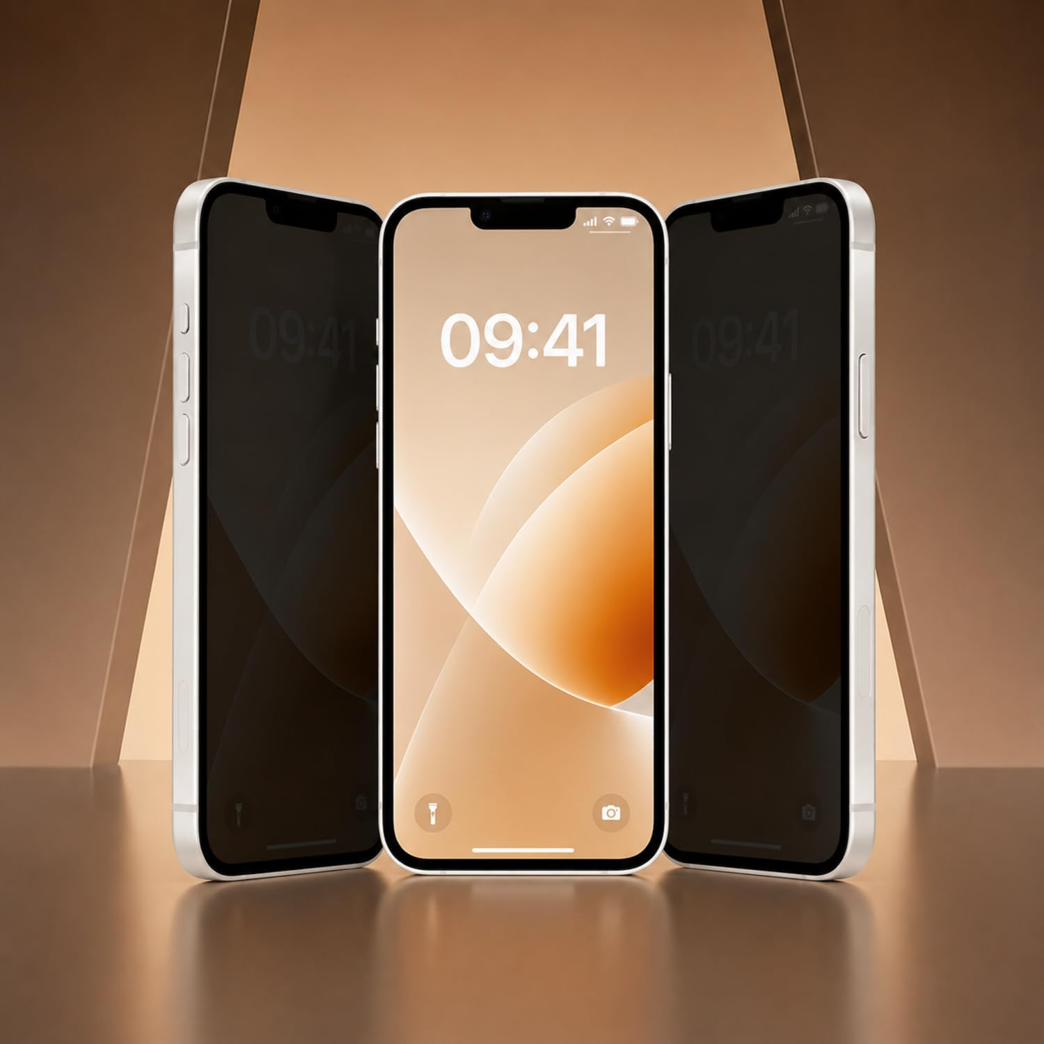 Bej arka planda üç beyaz akıllı telefon, ortadaki kilit ekranını gösteriyor.