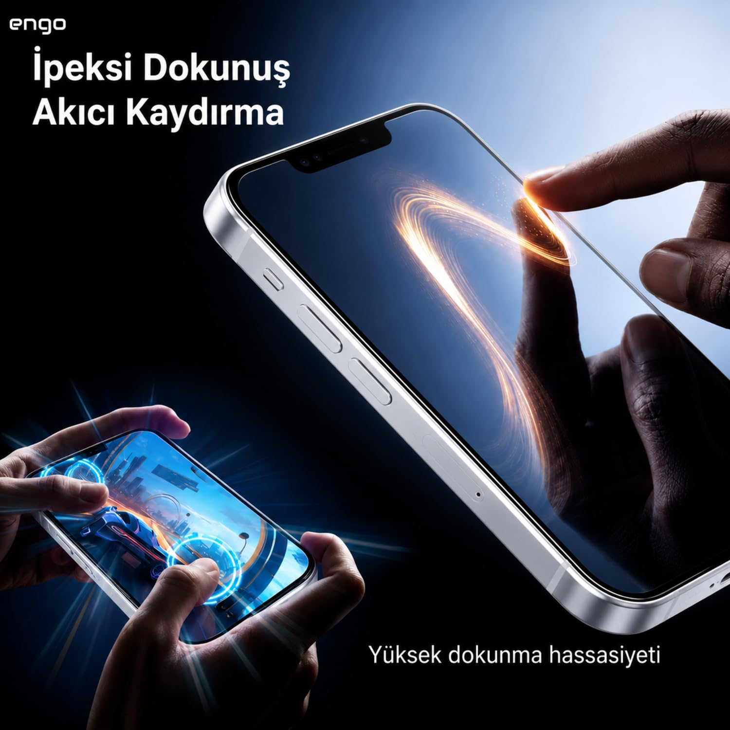 Bir el akıllı telefon ekranına nazikçe dokunurken, başka biri mobil oyun oynuyor.