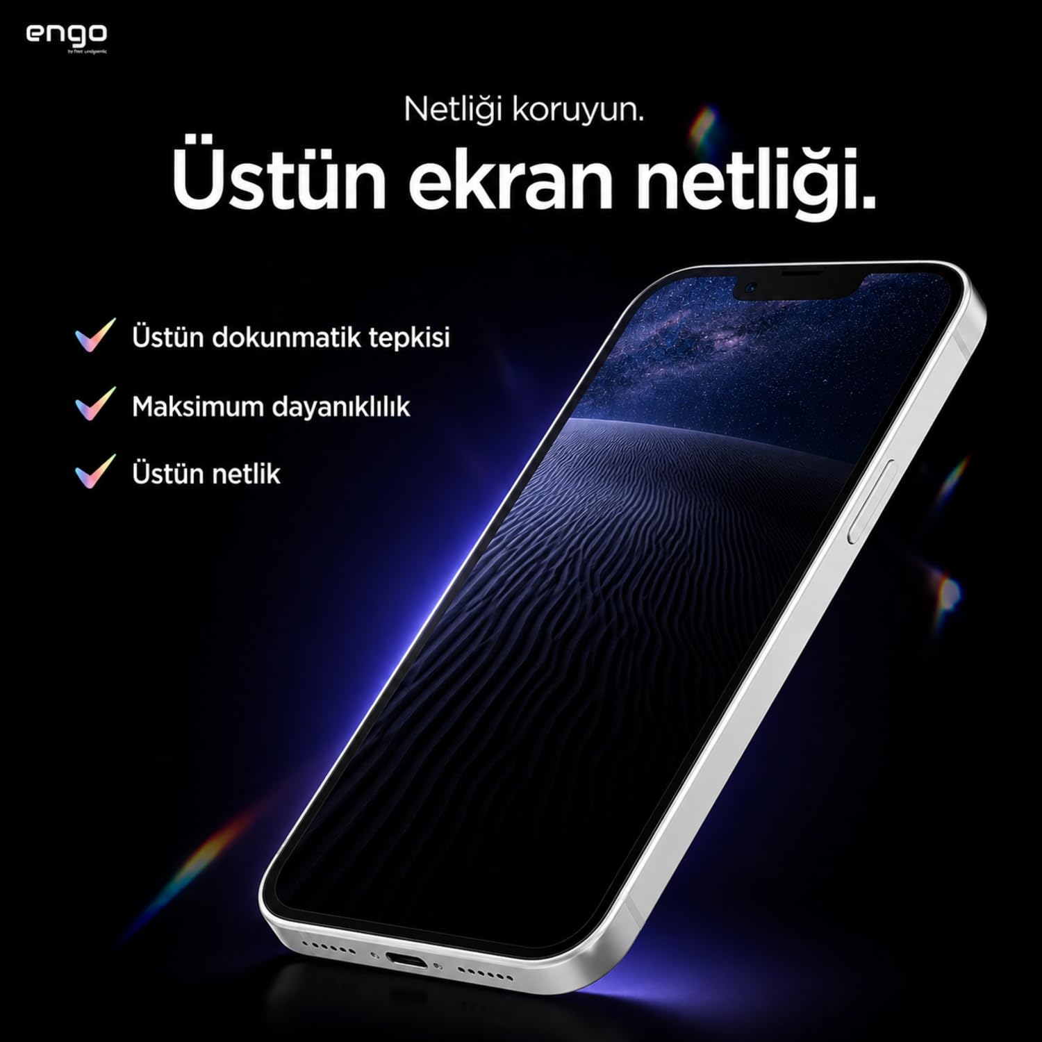 Siyah arka plan üzerinde akıllı telefon ve Türkçe metin içeren ekran koruyucu reklamı.