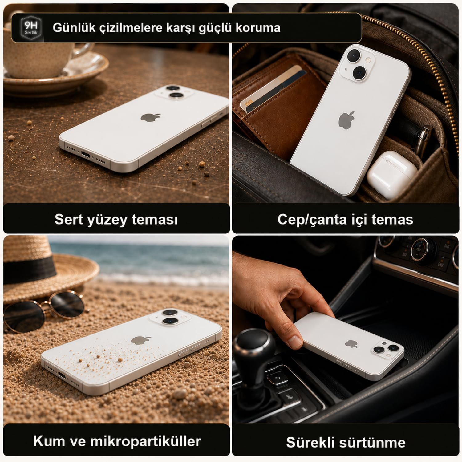Dört görsel, farklı yüzeylerde duran beyaz bir iPhone gösteriyor: masa, çanta, kum ve araba.