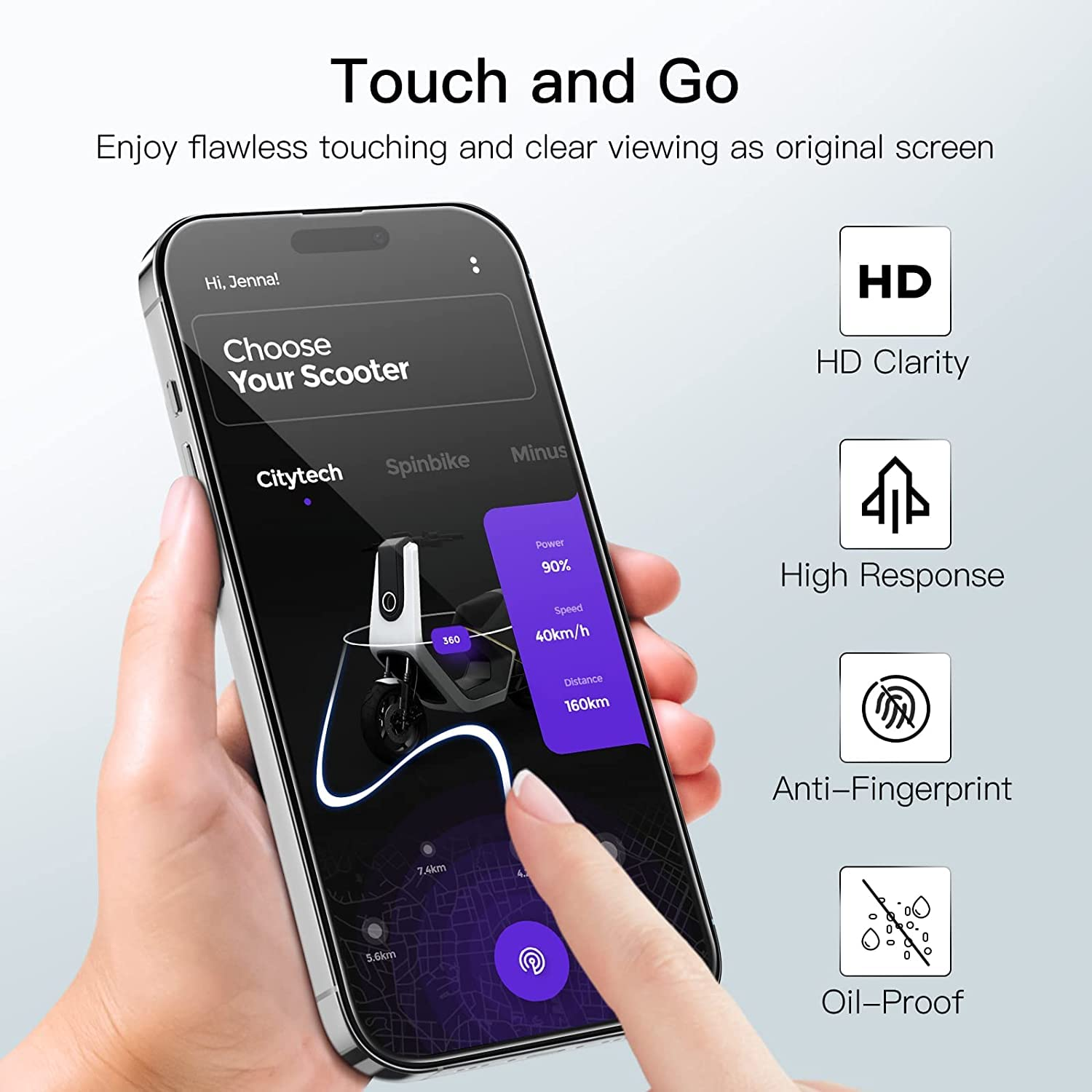 Eller scooter uygulamalı akıllı telefon tutuyor, HD, yüksek tepki, parmak izi ve yağ koruması simgeleriyle.