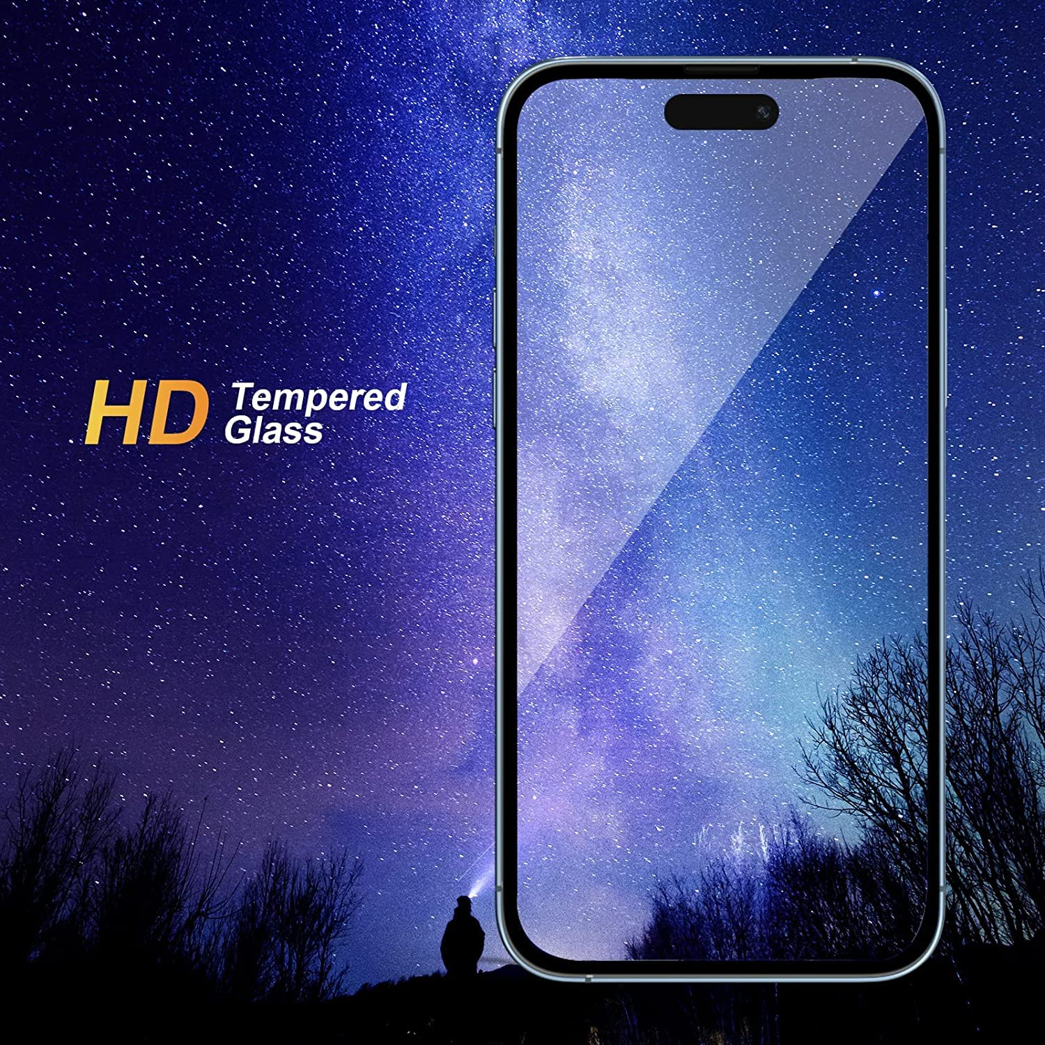 Yıldızlı gece gökyüzü ve ağaçlar arka planında HD temperli cam ekran koruyuculu akıllı telefon.