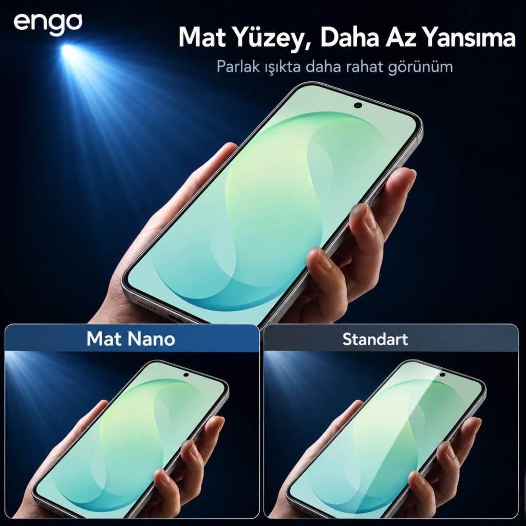 Mat nano ekran koruyuculu akıllı telefon ve standart ekran ile karşılaştırma.