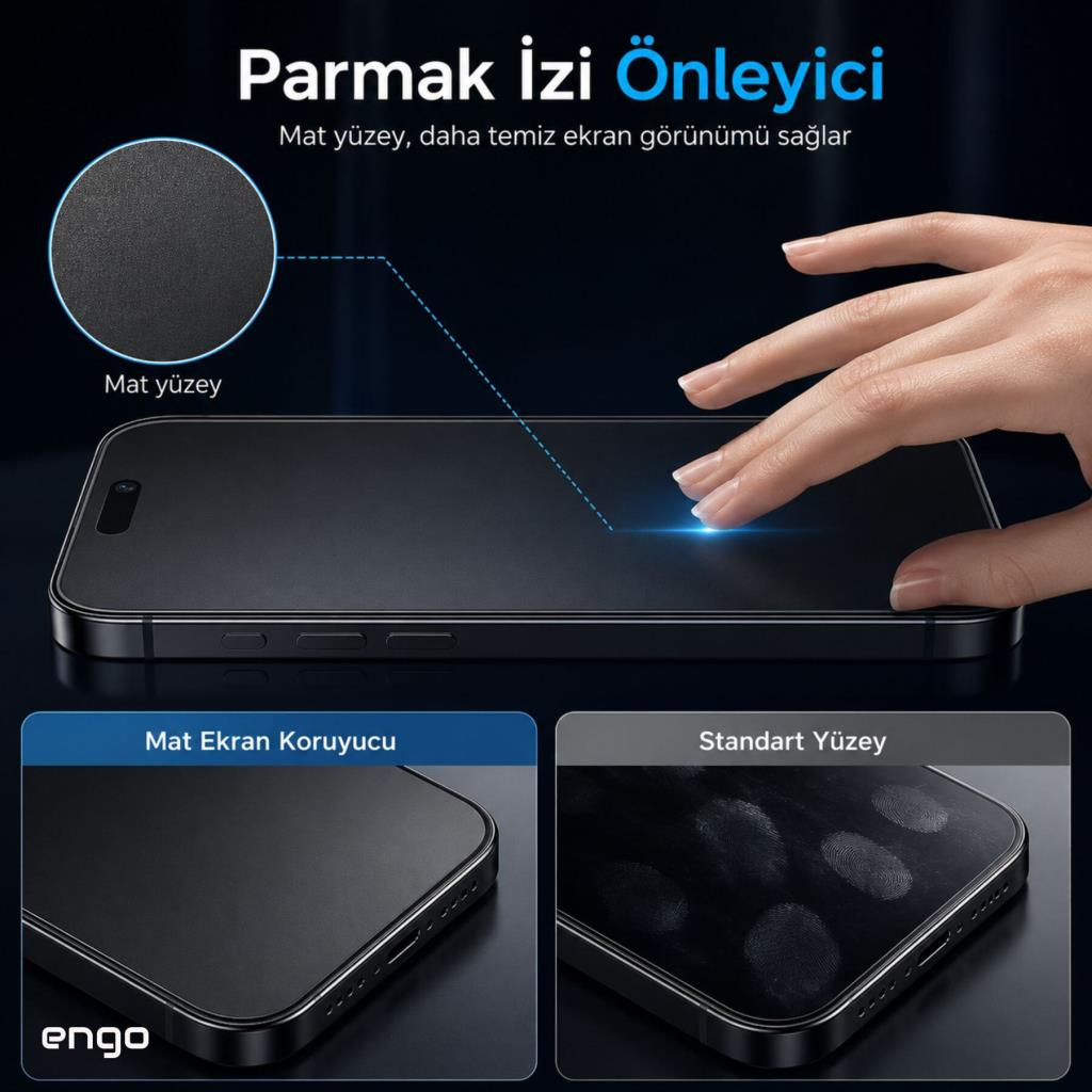 Parmak izini önleyen mat ekran koruyuculu akıllı telefon ve dokunan el.