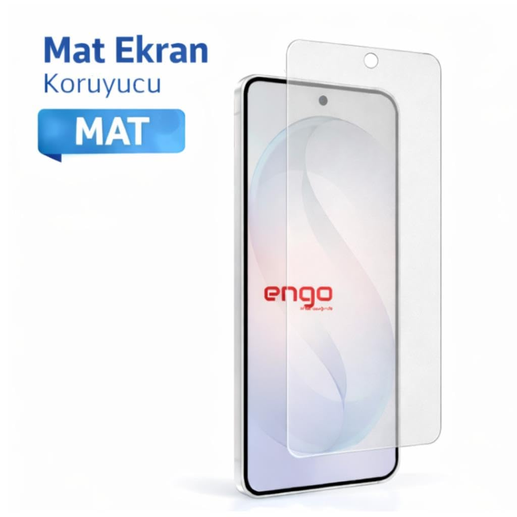Solda metin bulunan, engo marka mat ekran koruyuculu bir akıllı telefon.