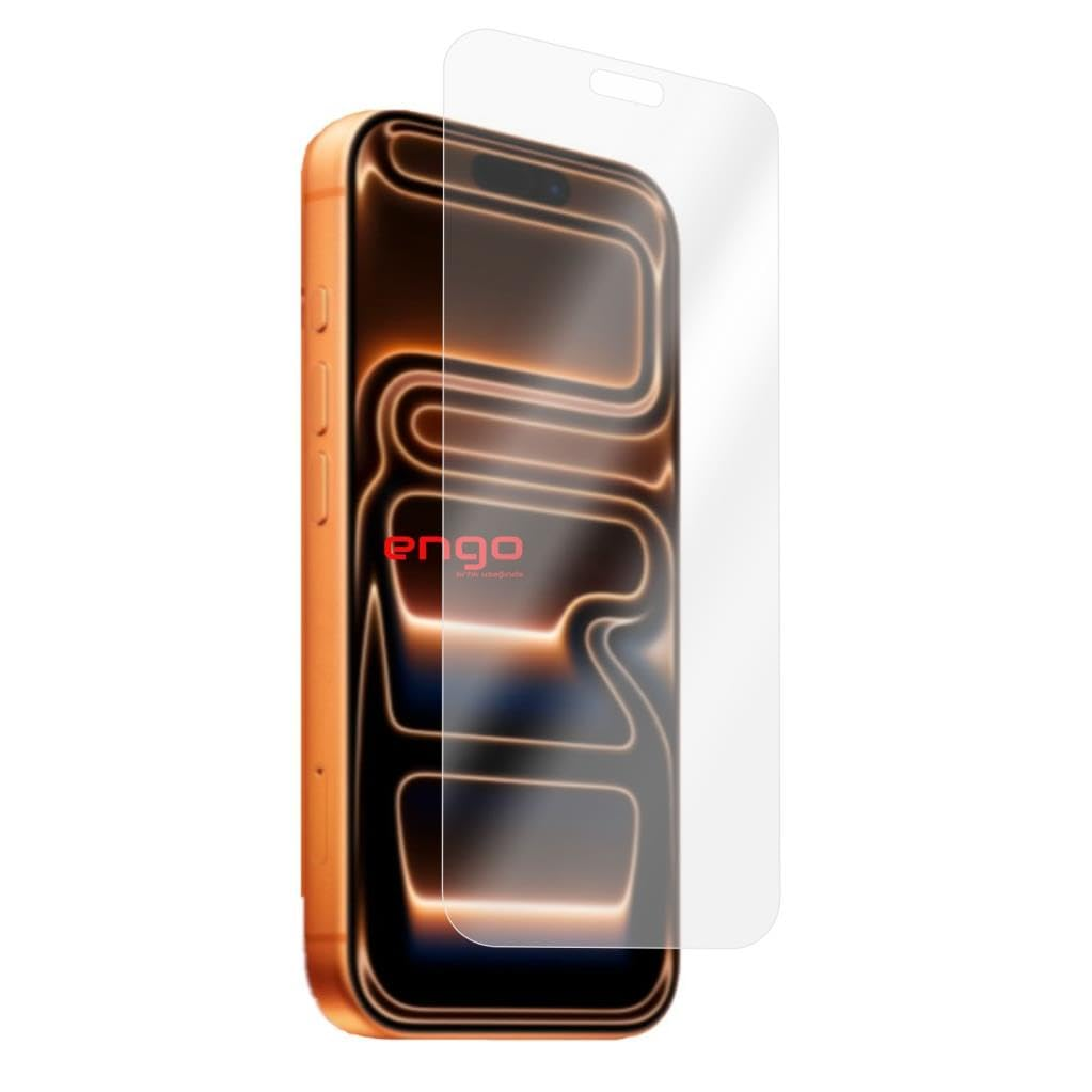 Turuncu kasalı akıllı telefon ve ekranın hemen üzerinde duran şeffaf ekran koruyucu.
