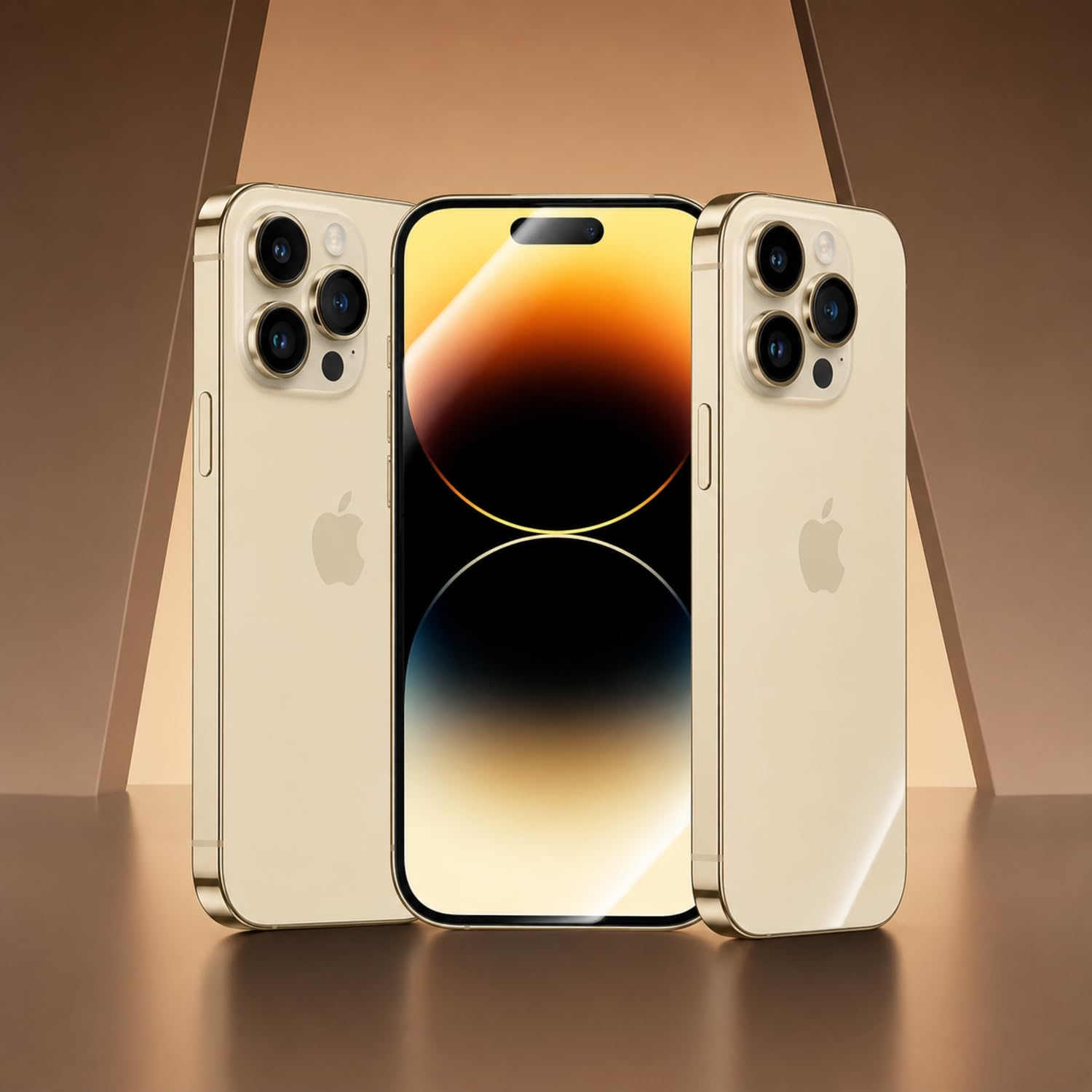 Kahverengi geometrik arka plan önünde parlak bir yüzeyde duran üç altın akıllı telefon.