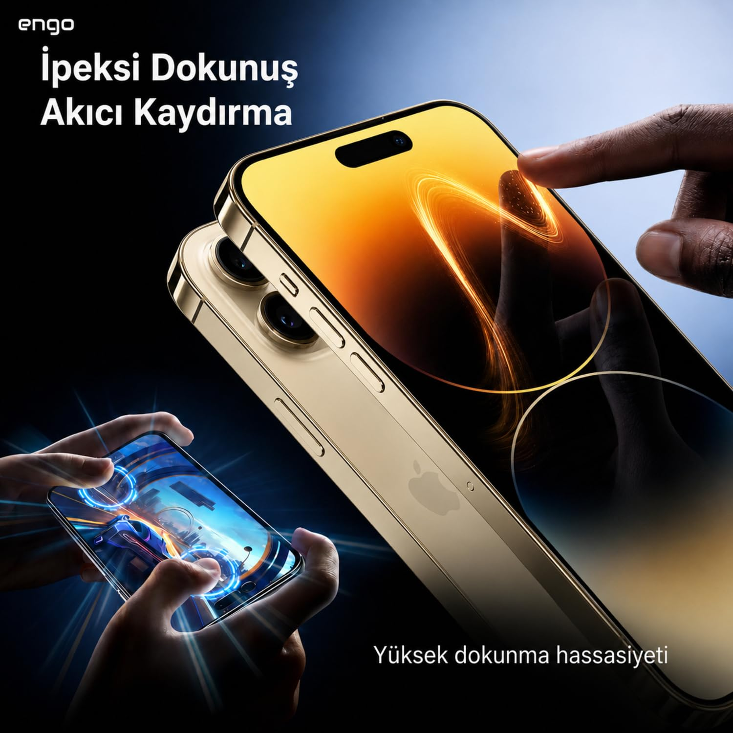 Altın rengi bir akıllı telefona dokunulurken diğeri oyun için kullanılıyor, Türkçe metin içeriyor.