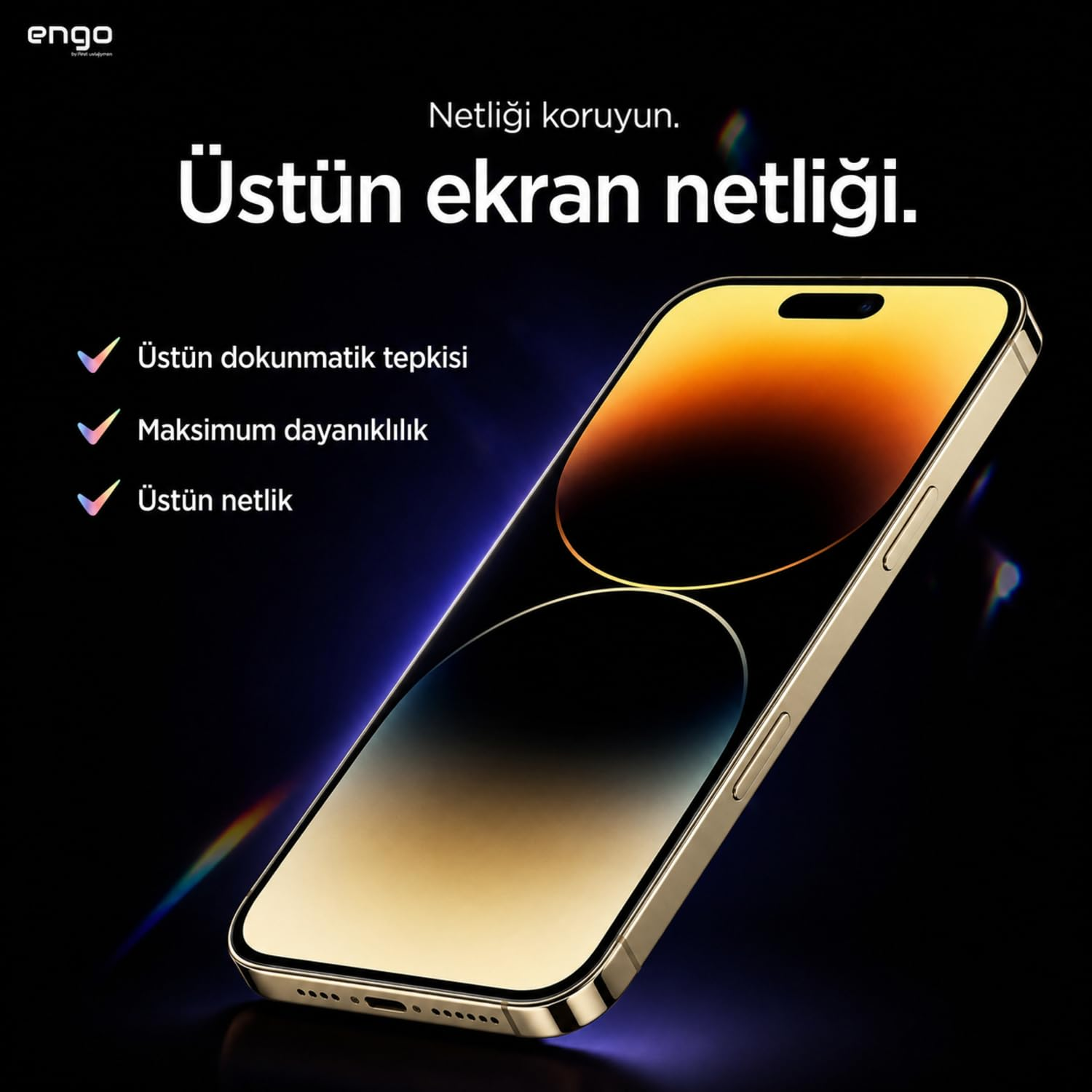 Siyah arka plan üzerinde altın renkli akıllı telefon, Türkçe reklam metni ve özellik listeleri.