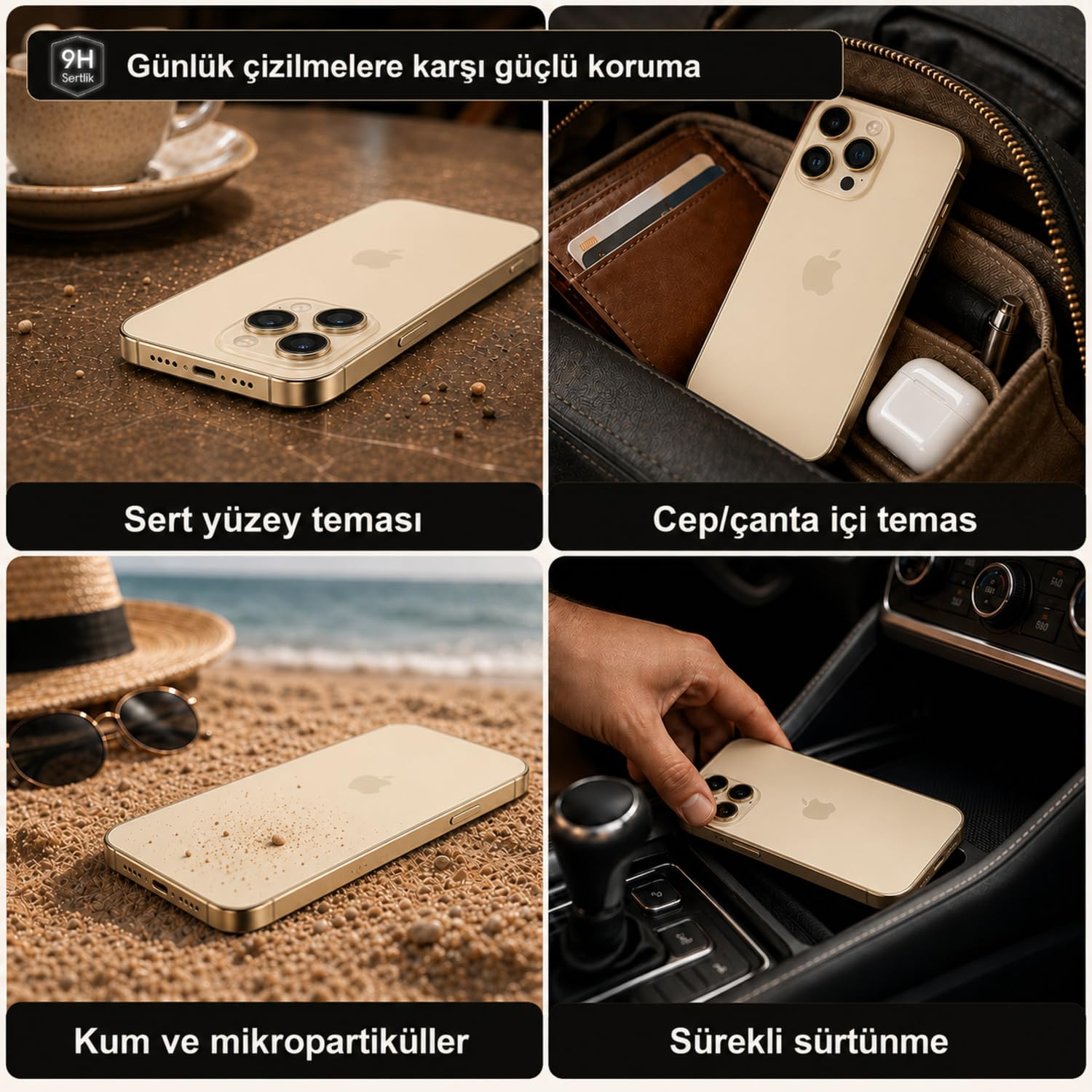 Dört görsel, masa veya kumsal gibi farklı günlük senaryolarda altın rengi bir akıllı telefonu göstermektedir.