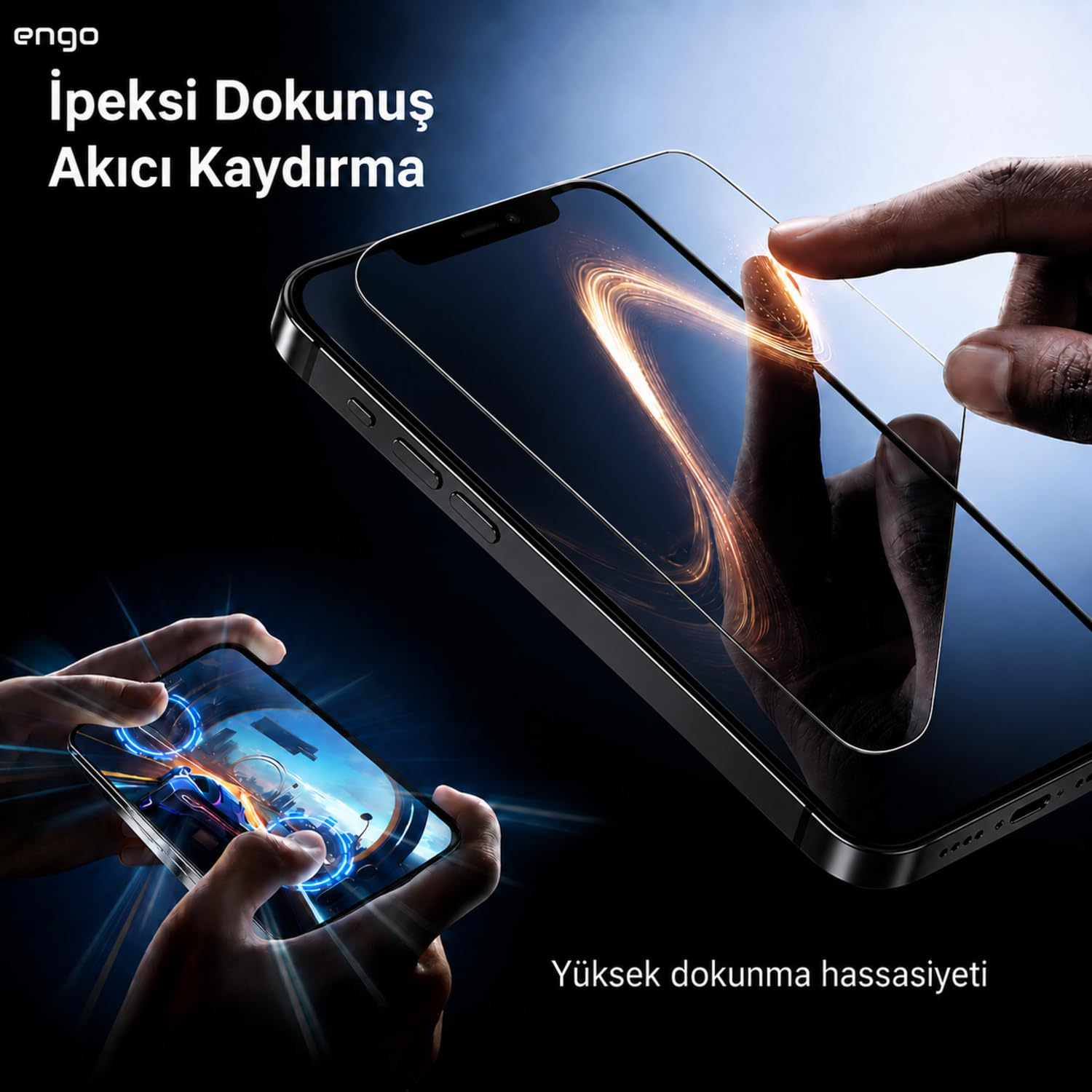 Bir parmak ekran koruyuculu akıllı telefon ekranına dokunuyor, arka planda oyun oynanıyor.