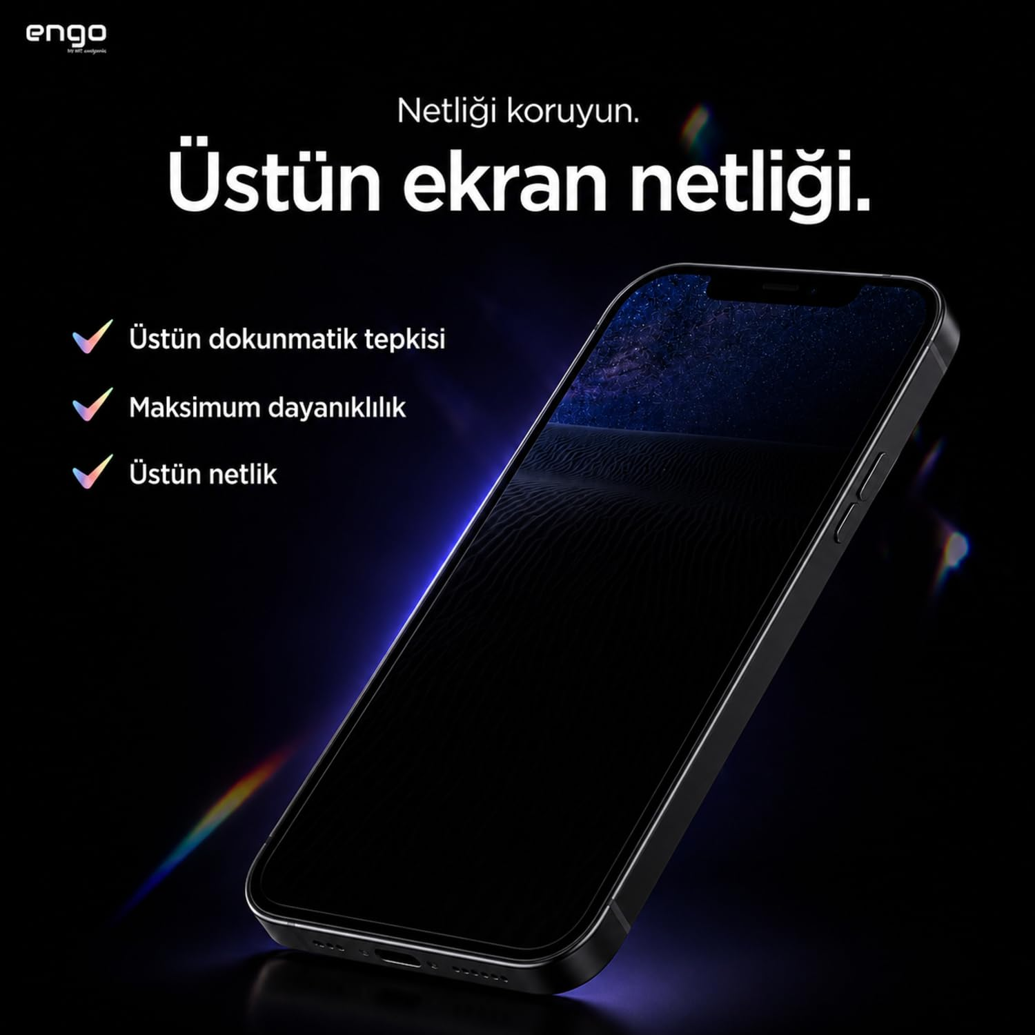 Siyah arka planda, ekran netliği, dayanıklılığı ve dokunmatik hassasiyeti vurgulayan akıllı telefon.