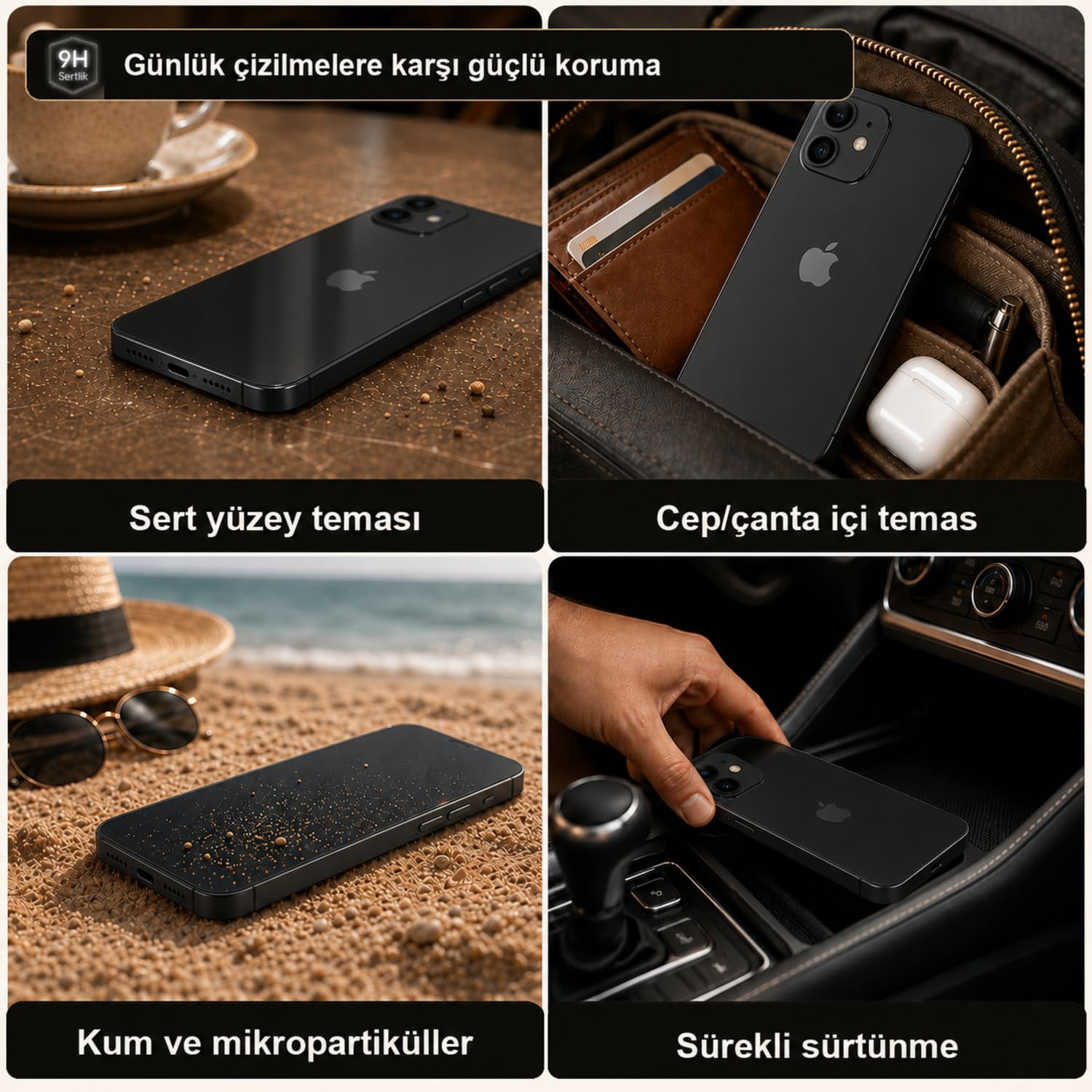 Dört görselde masada, çantada, kumda ve araç içinde günlük senaryolarda kullanılan siyah bir akıllı telefon gösterilmektedir.