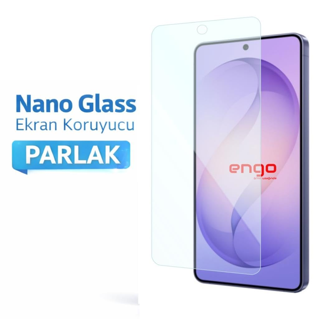 Sol tarafta tanıtım yazısı olan akıllı telefon ve yanında şeffaf nano cam ekran koruyucu.