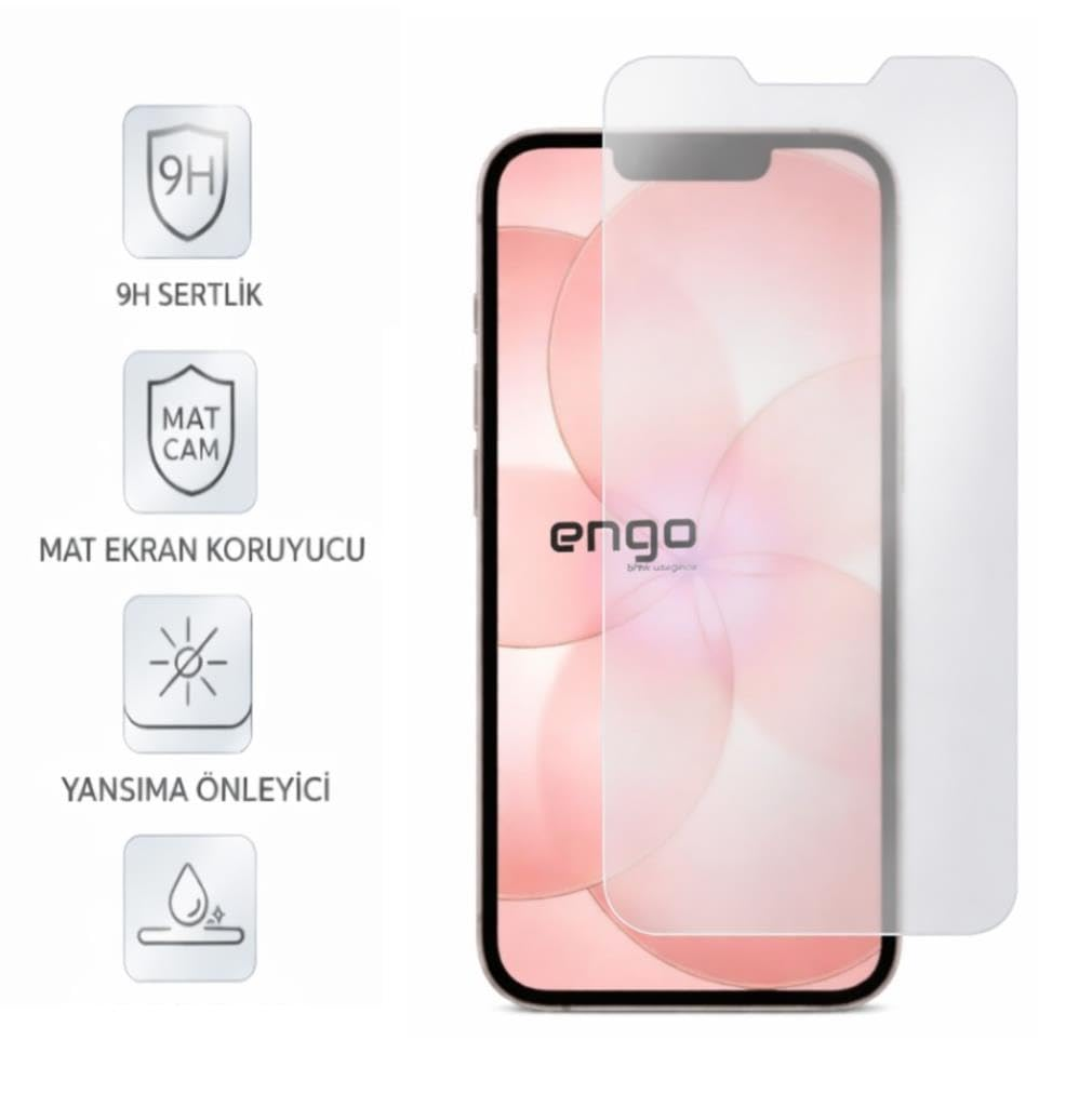 9H sertlik, mat cam, yansıma önleyici ve kolay uygulama gösteren dört simgeye sahip mat ekran koruyuculu akıllı telefon.