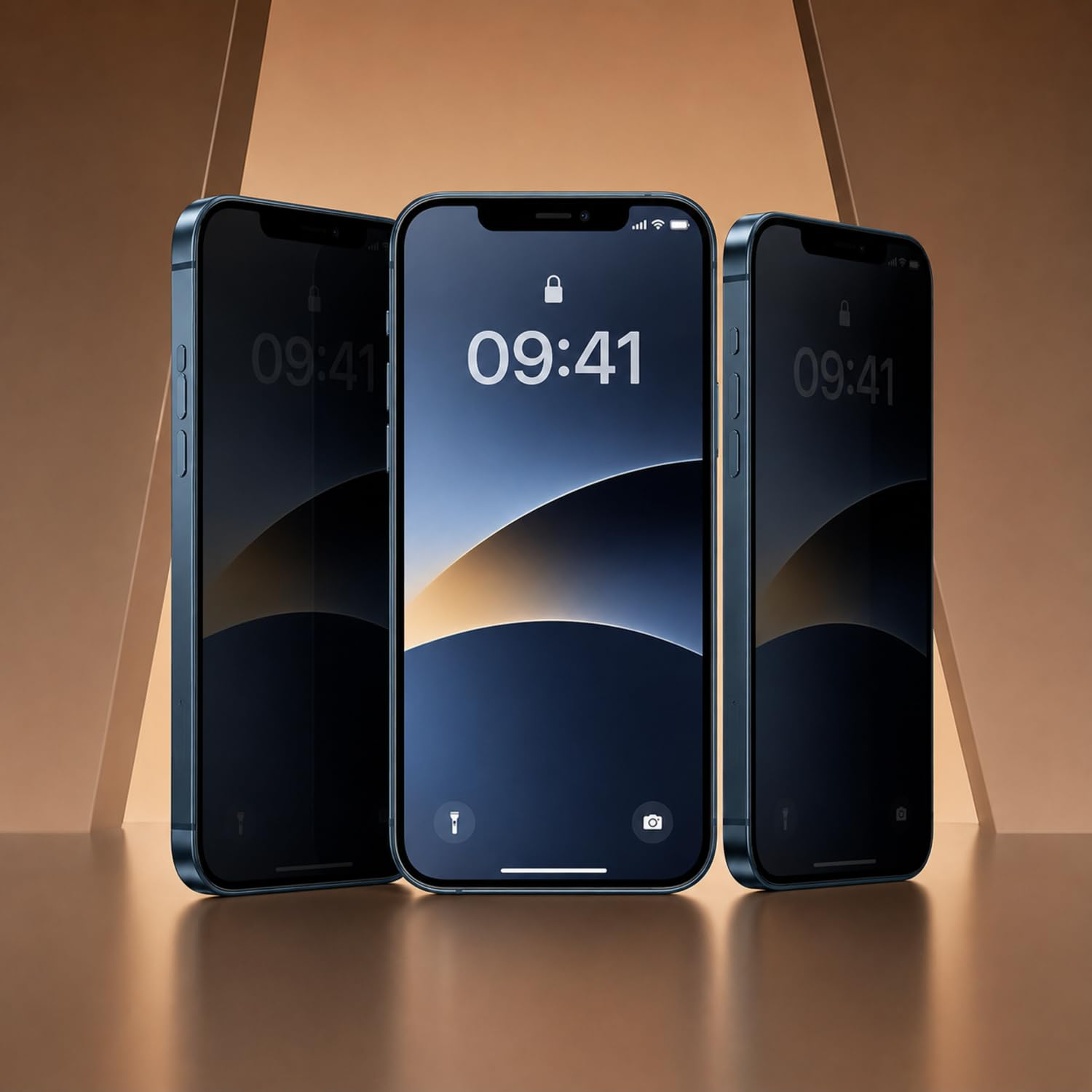 Kahverengi geometrik arka plan önünde parlak bir yüzeyde duran üç mavi akıllı telefon.