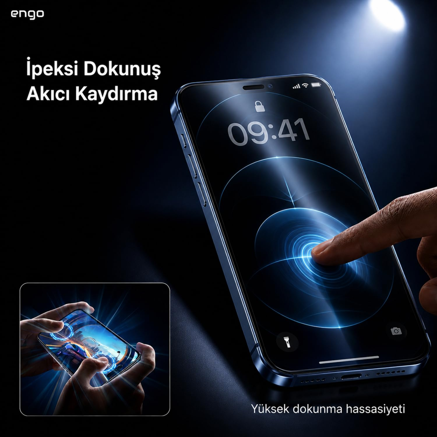 Bir akıllı telefon ekranda dokunmatik hassasiyet efektleri gösteriyor, küçük pencerede mobil oyun var.