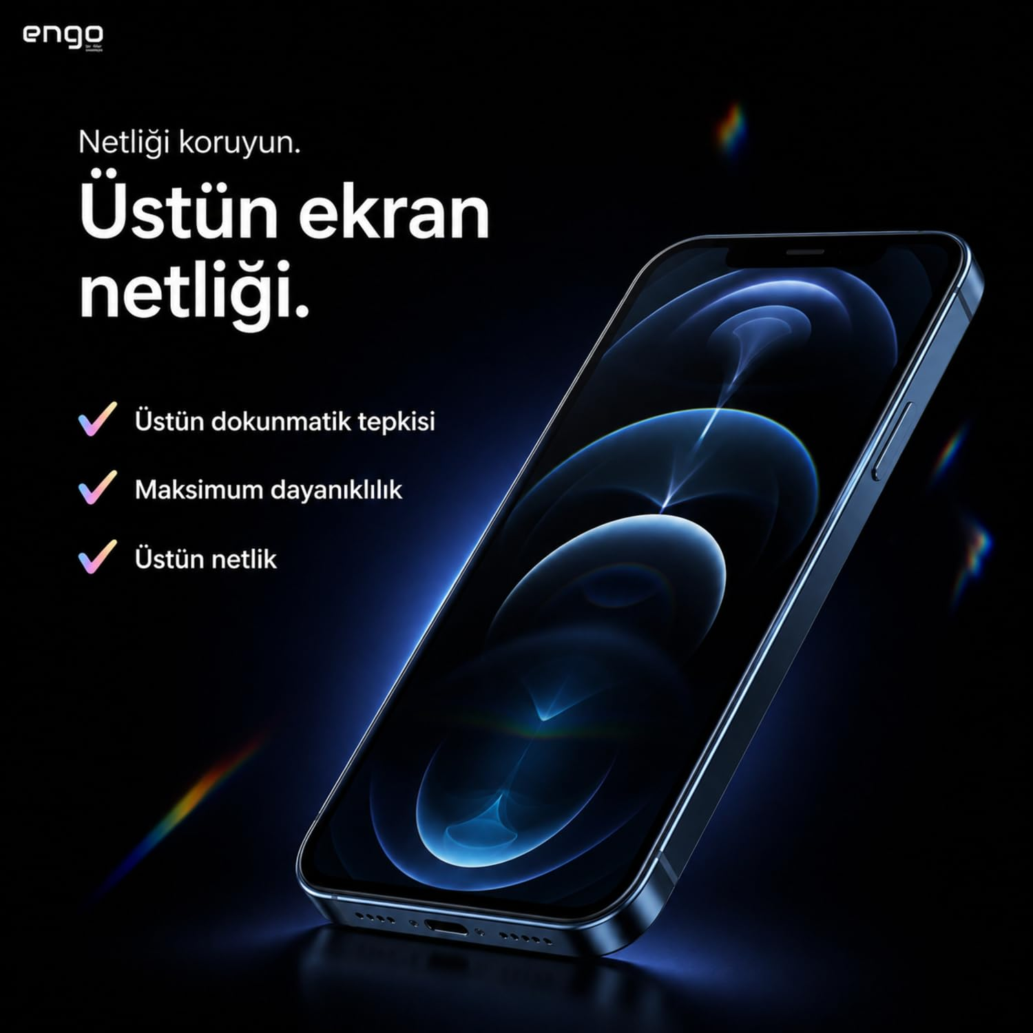 Mavi ışık efektleri ve metin içeren karanlık arka planda siyah akıllı telefon.