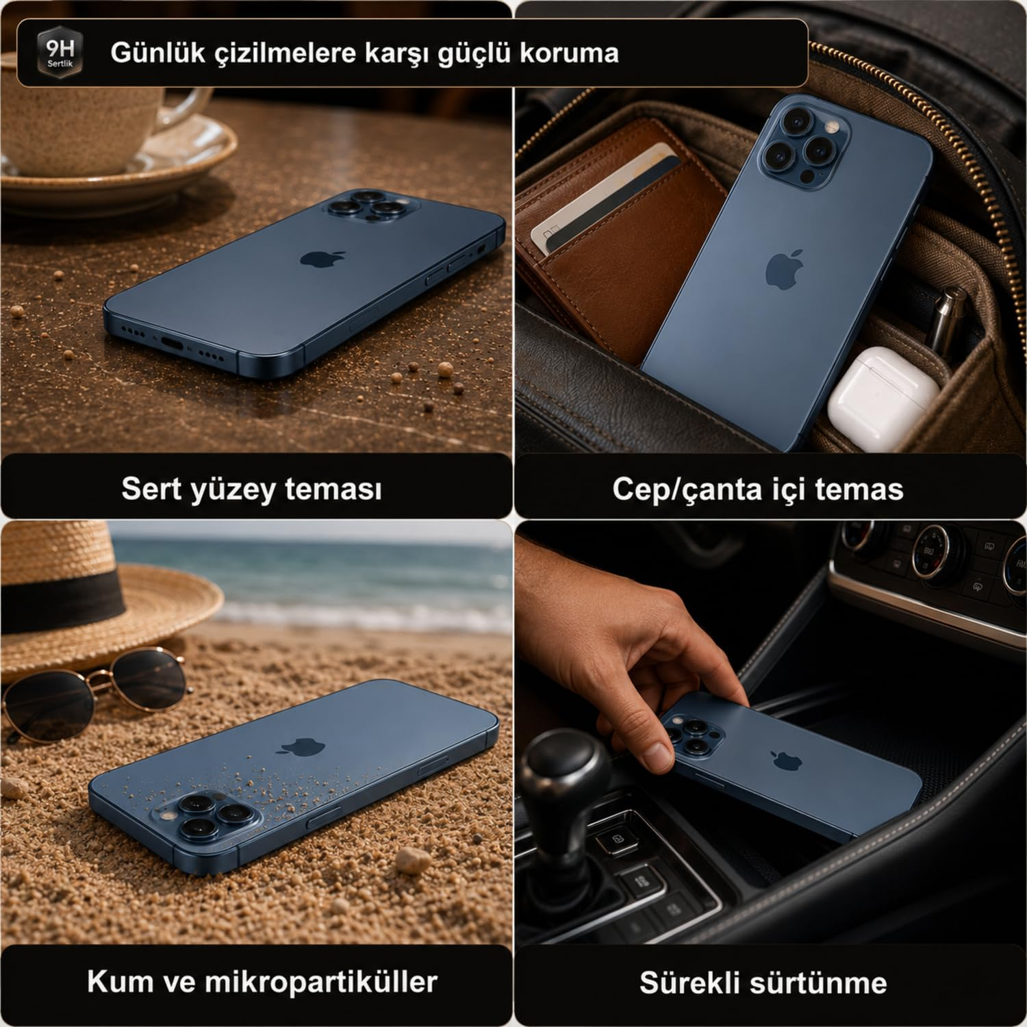 Dört görsel, masada veya çantamda gibi çeşitli günlük senaryolarda mavi bir akıllı telefonu gösterir.