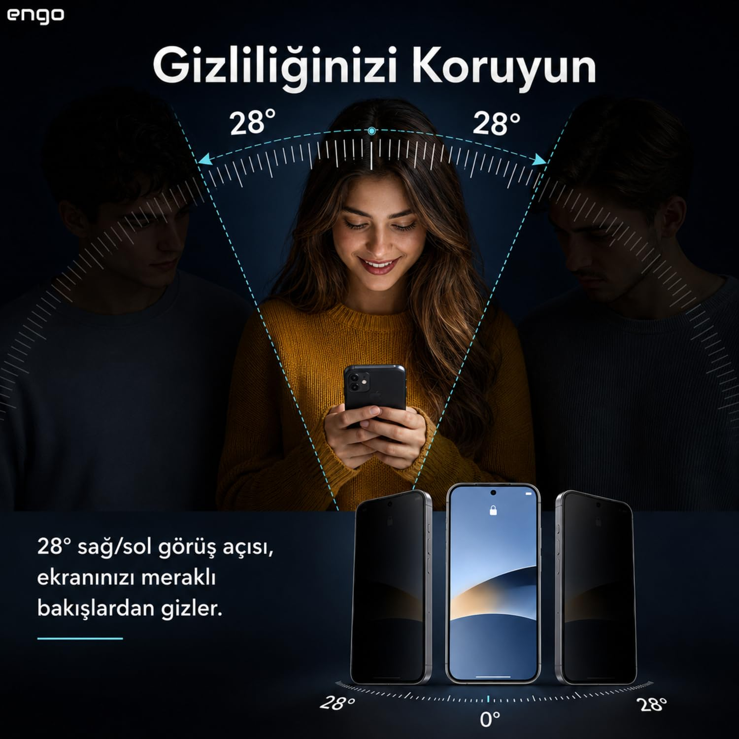 Sarı kazaklı bir kadın, ekran gizliliğini gösteren açılarla çevrili akıllı telefonuna bakıyor.