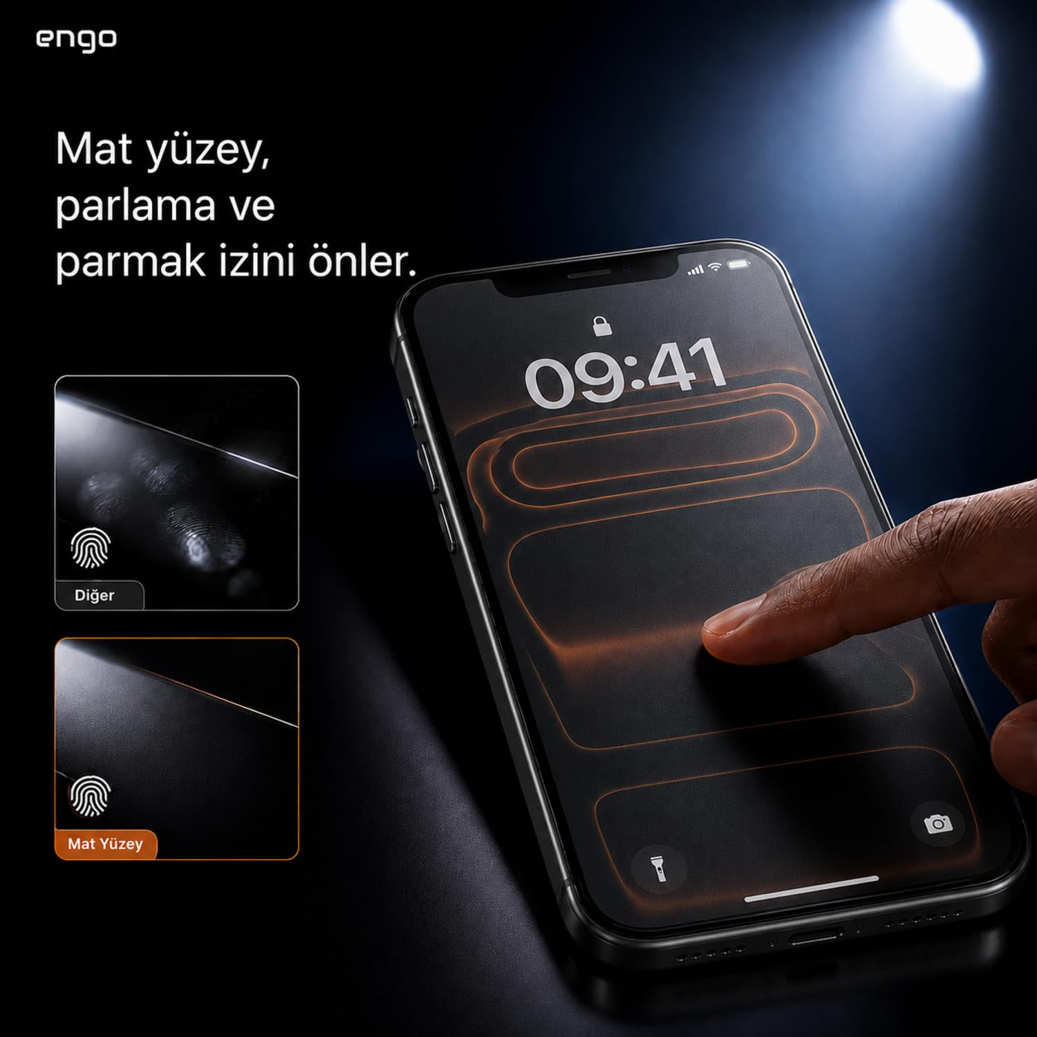 Bir akıllı telefon parmak izini önleyen mat ekran yüzeyi gösteriyor, sol tarafta karşılaştırma ekleri var.