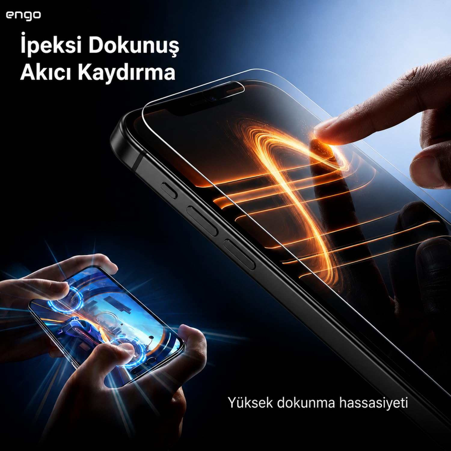 Koruyucu filmli akıllı telefon ekranına dokunan bir parmak. Köşede metin var.
