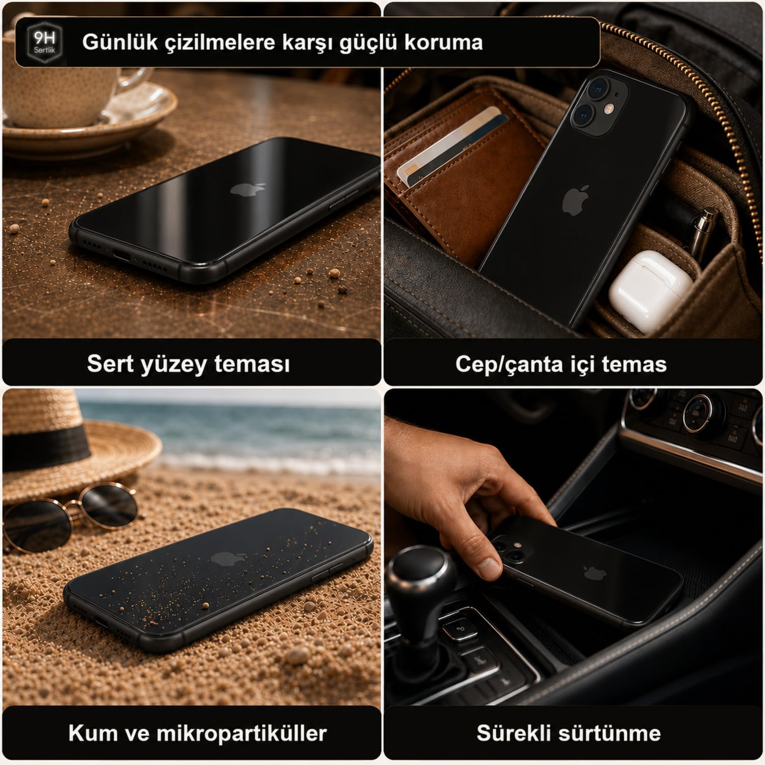 Dört panel, siyah bir akıllı telefonu masada, çantada, kumda ve araç konsolunda olmak üzere çeşitli senaryolarda gösteriyor.