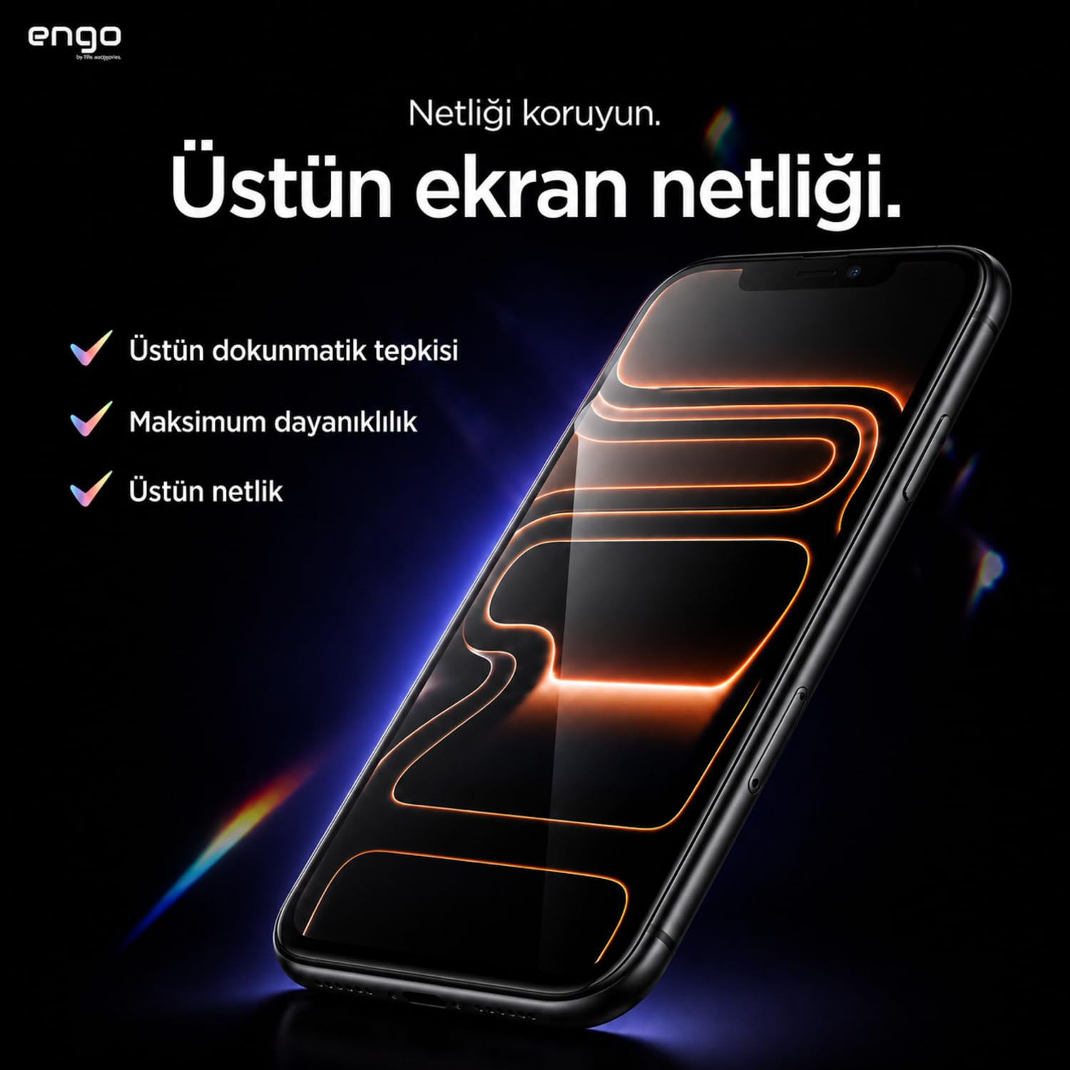 Siyah arka plan ve Türkçe metinli, ekranında parlak çizgiler olan siyah bir akıllı telefon.