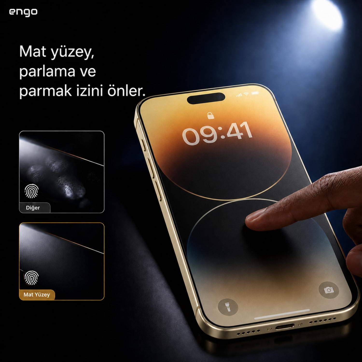 Parmak izi önleyen mat yüzeyli akıllı telefon ve sol tarafta iki karşılaştırma görseli.