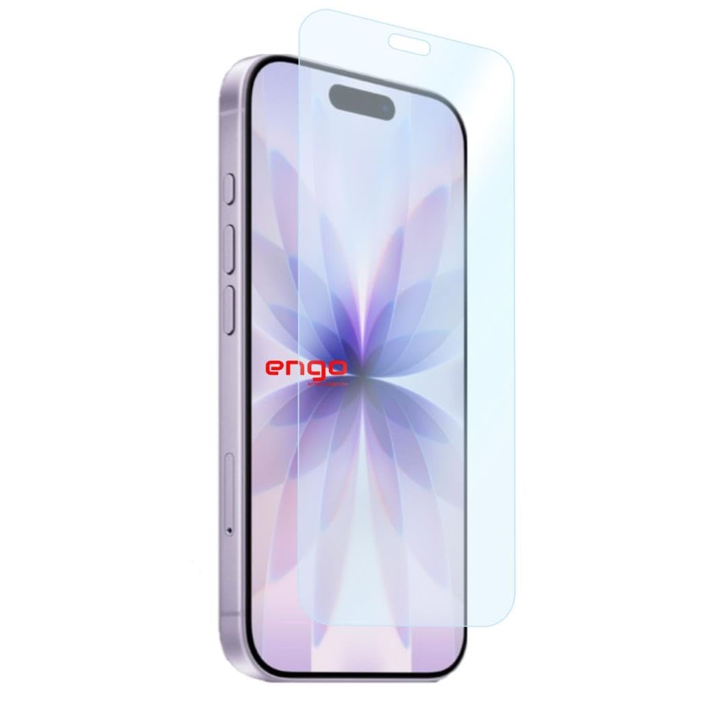 Önünde hafifçe süzülen şeffaf bir ekran koruyucu bulunan mor bir akıllı telefon.