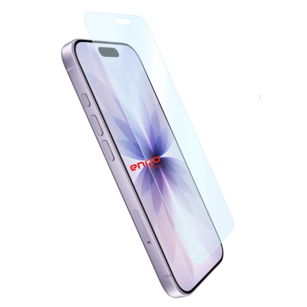 Beyaz arka plan üzerinde üstünde cam ekran koruyucu bulunan mor bir akıllı telefon.