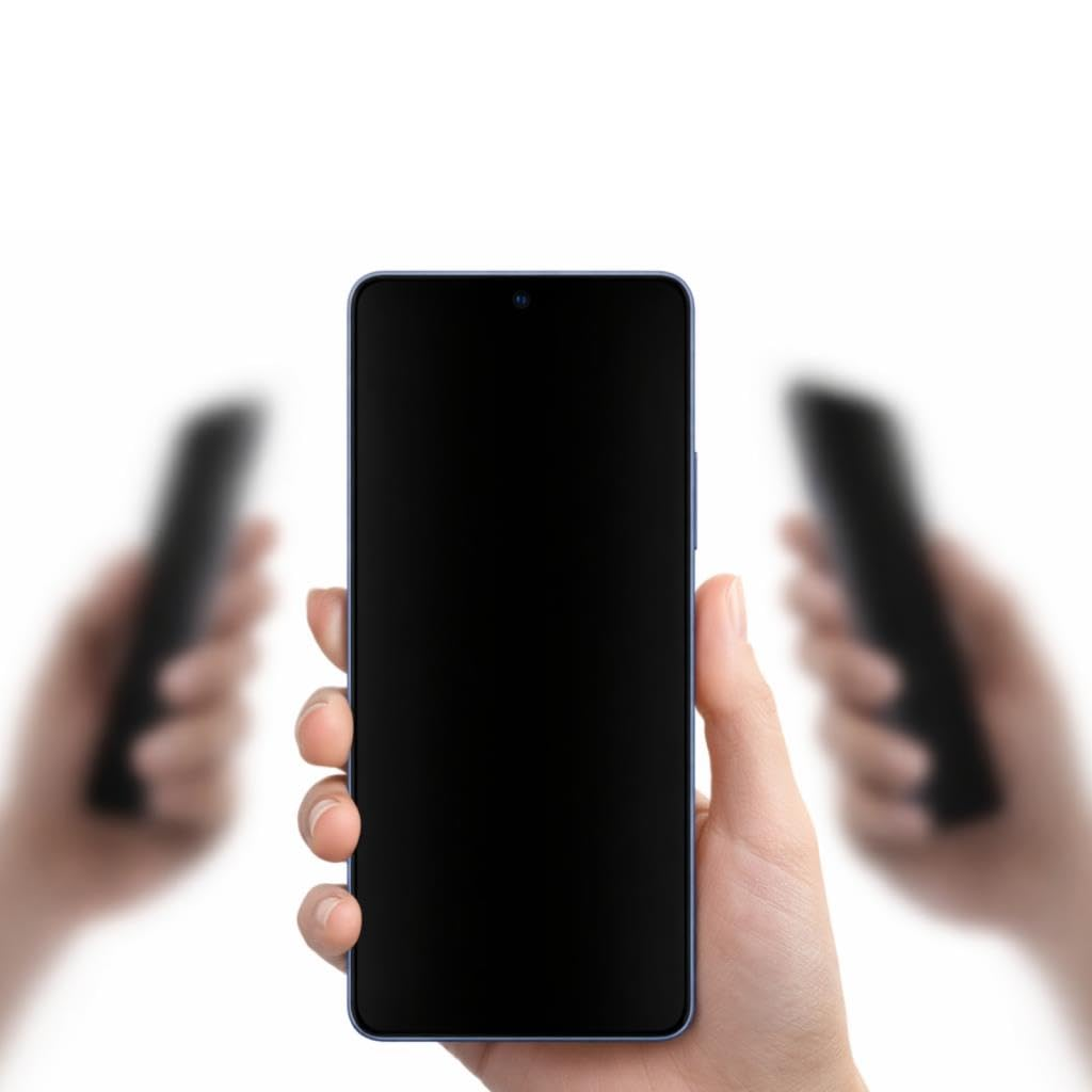 Bir el siyah ekranlı akıllı telefon tutuyor, arka planda telefon tutan iki bulanık el var.