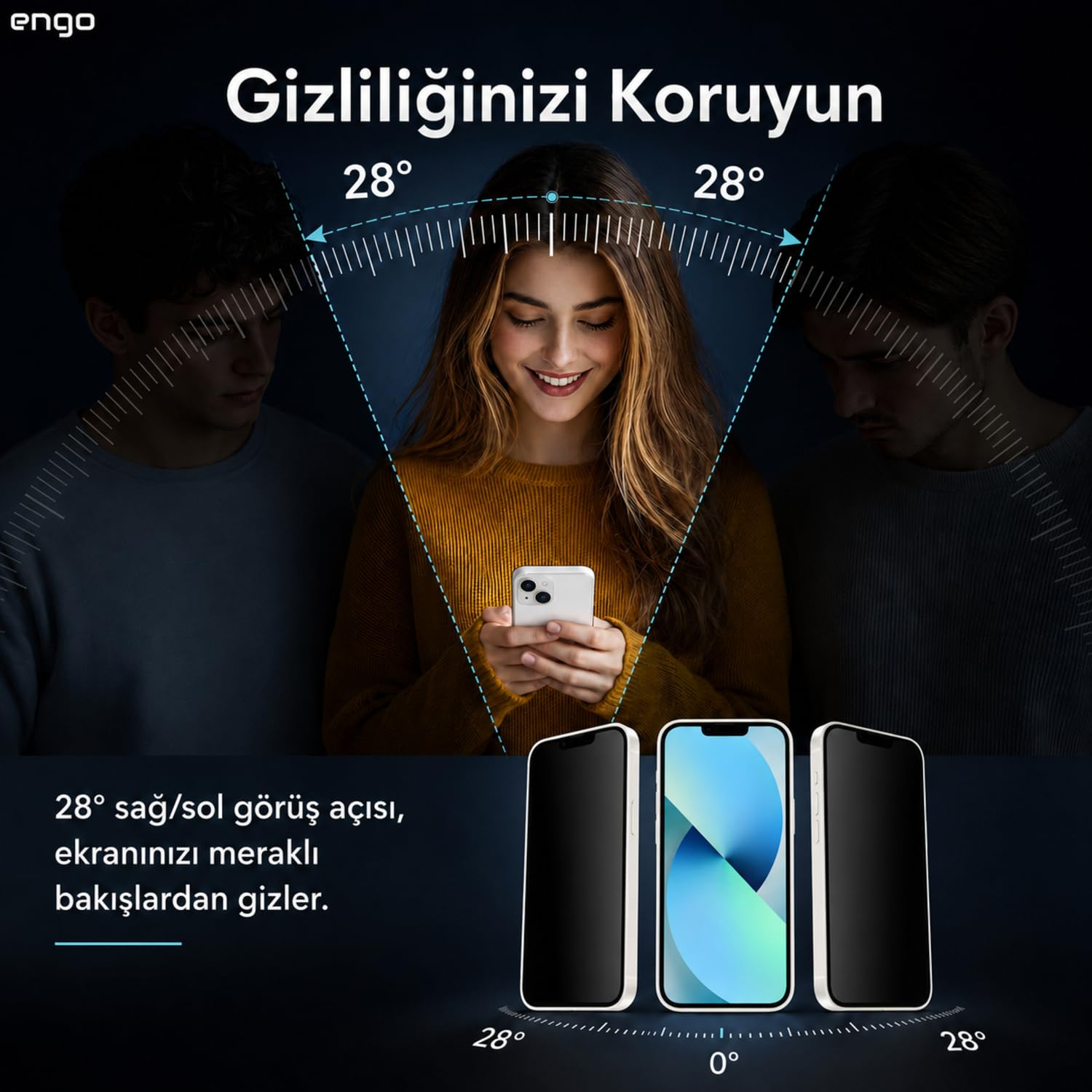 Bir kadının yer aldığı akıllı telefonda 28 derece gizlilik ekranını gösteren görsel.